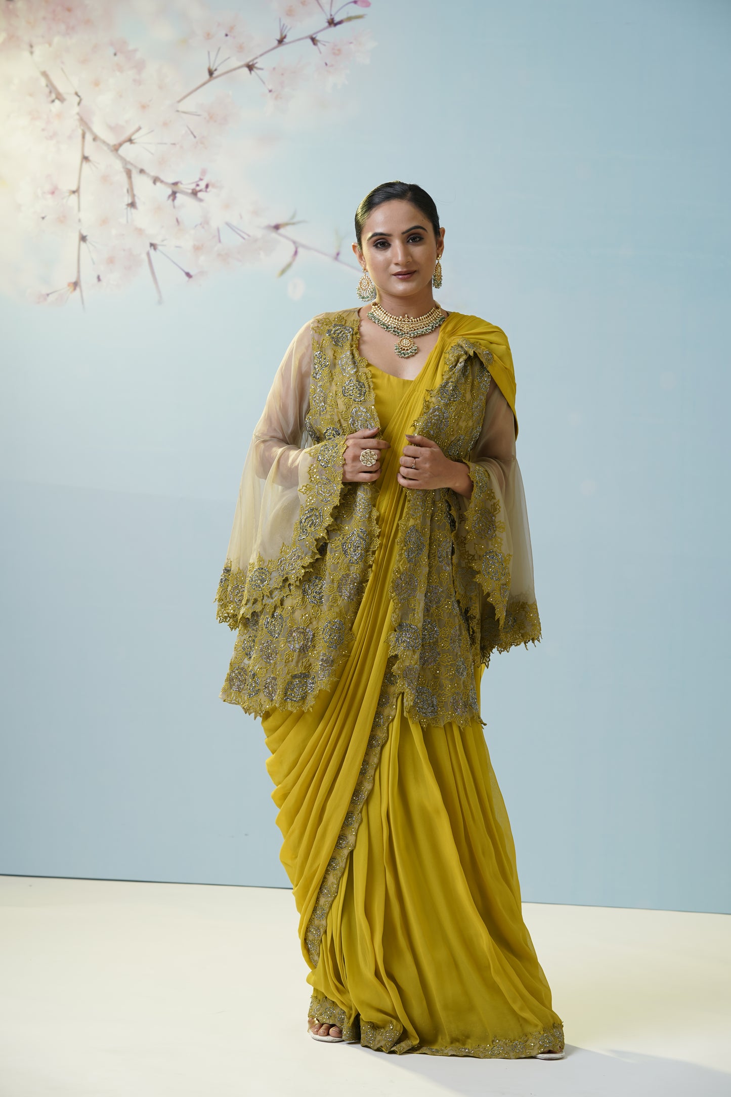 Lemon Yellow Net Saree With Embroidered Blouse