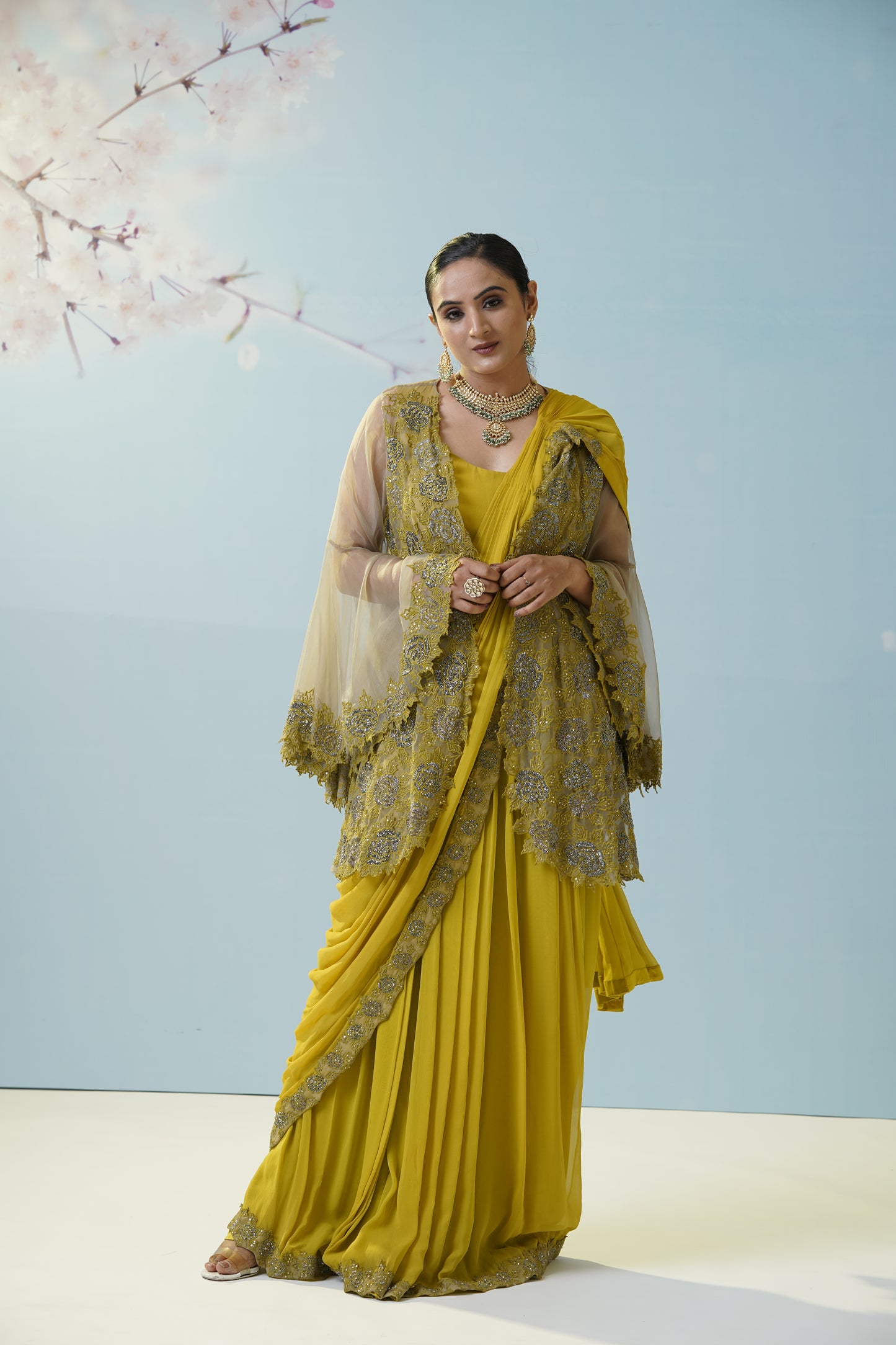 Lemon Yellow Net Saree With Embroidered Blouse