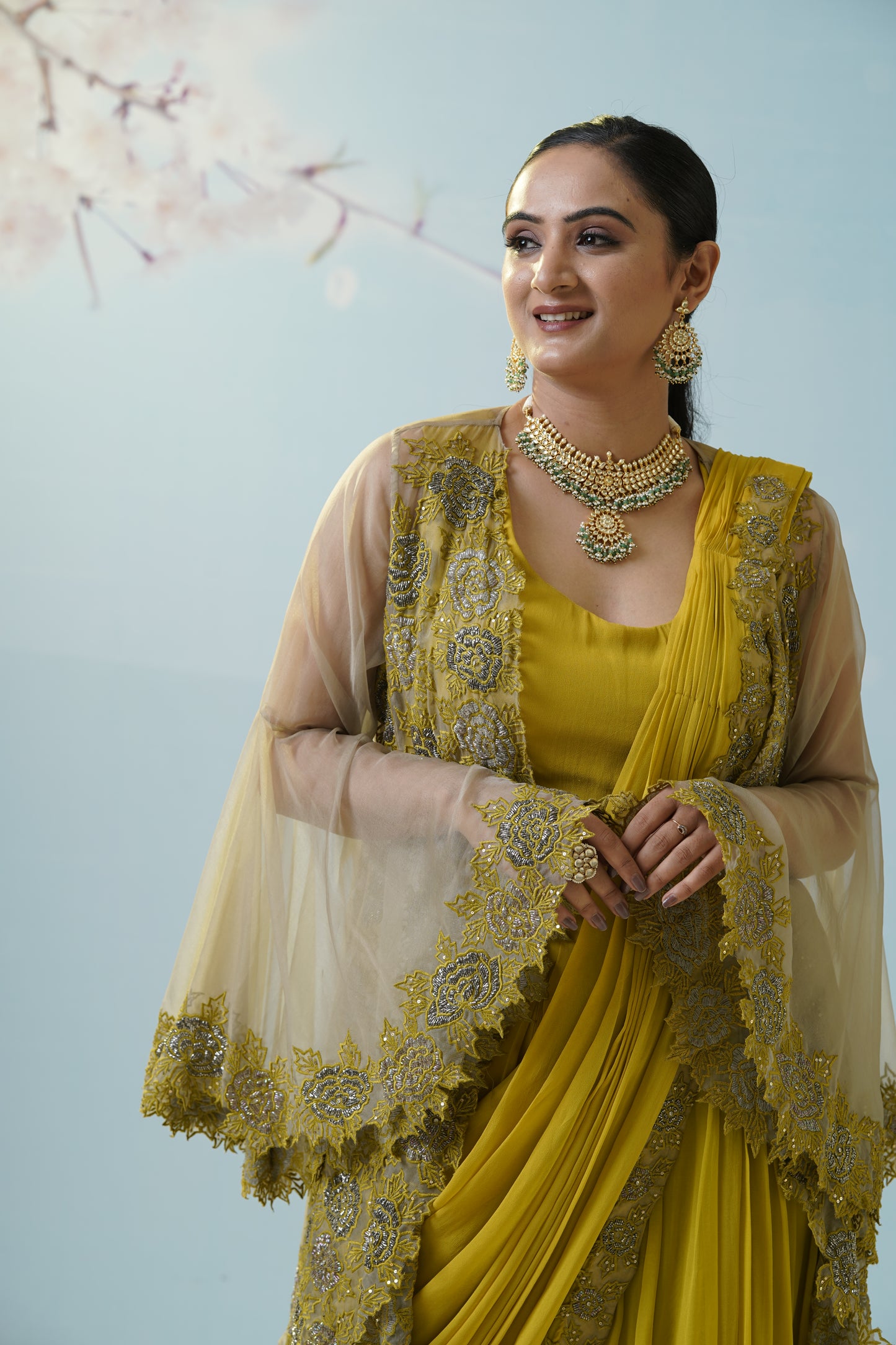 Lemon Yellow Net Saree With Embroidered Blouse
