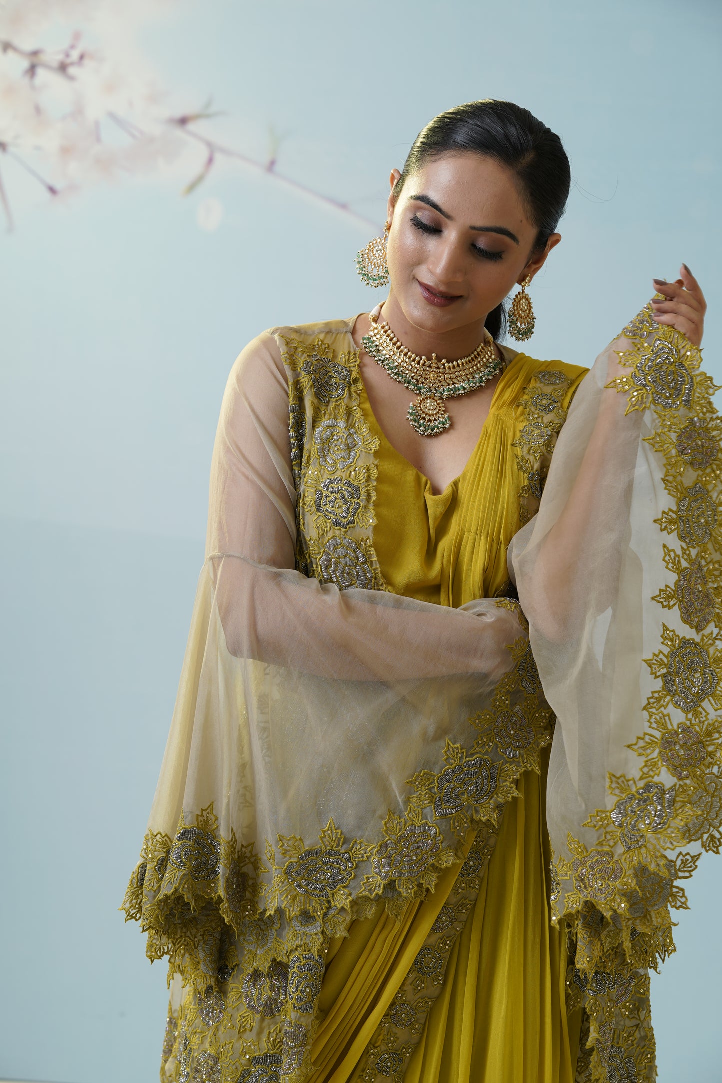 Lemon Yellow Net Saree With Embroidered Blouse