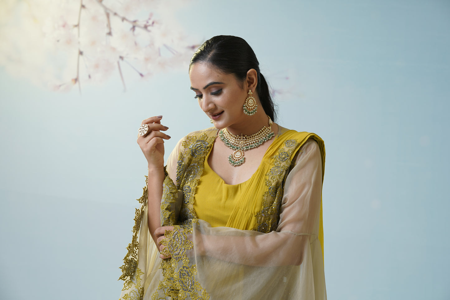 Lemon Yellow Net Saree With Embroidered Blouse
