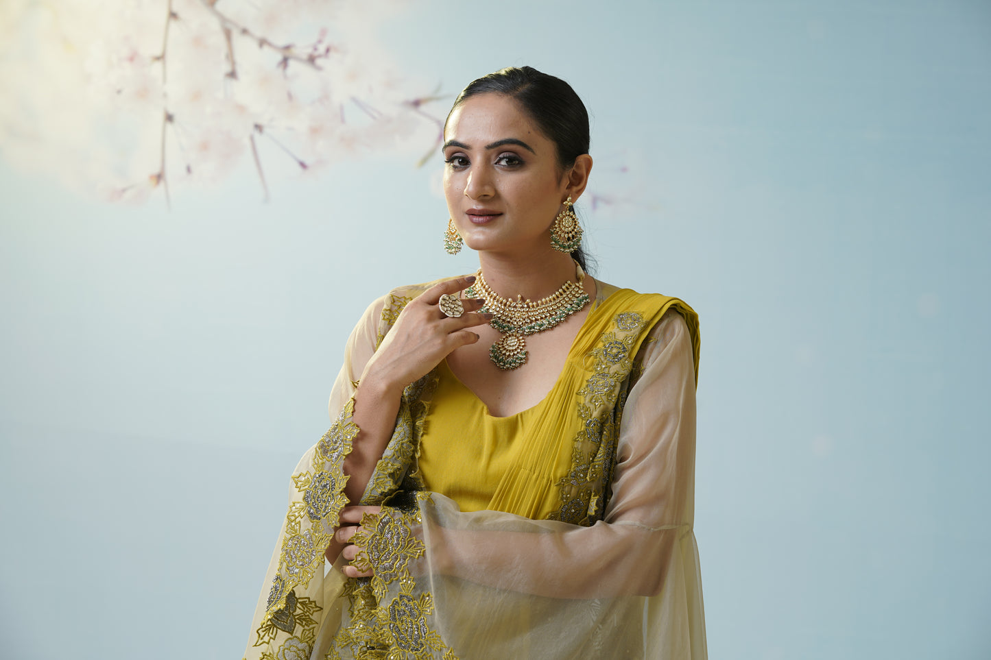 Lemon Yellow Net Saree With Embroidered Blouse