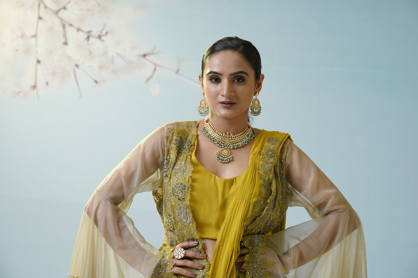 Lemon Yellow Net Saree With Embroidered Blouse