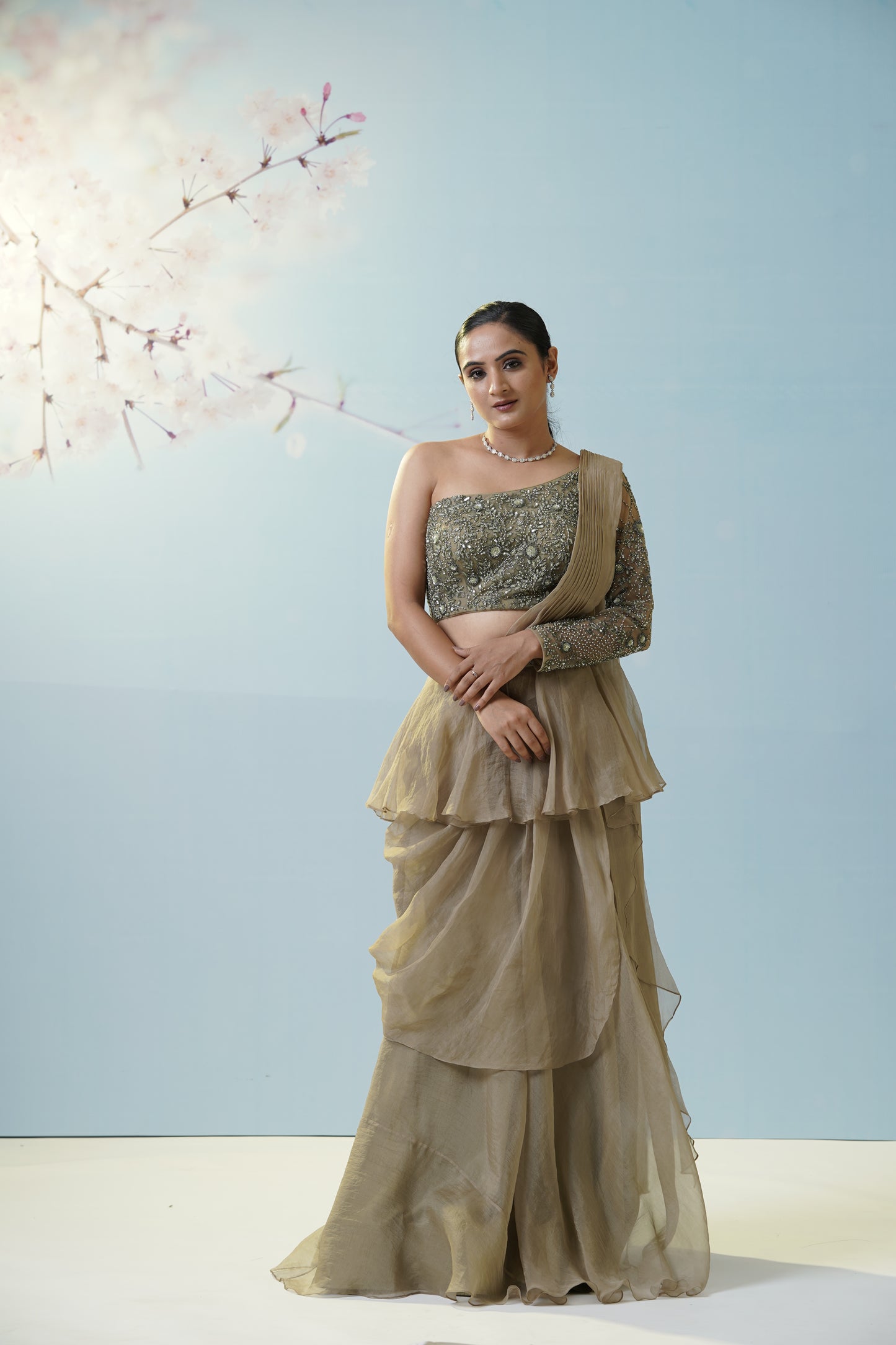 Sage Green Draped Saree With Blouse