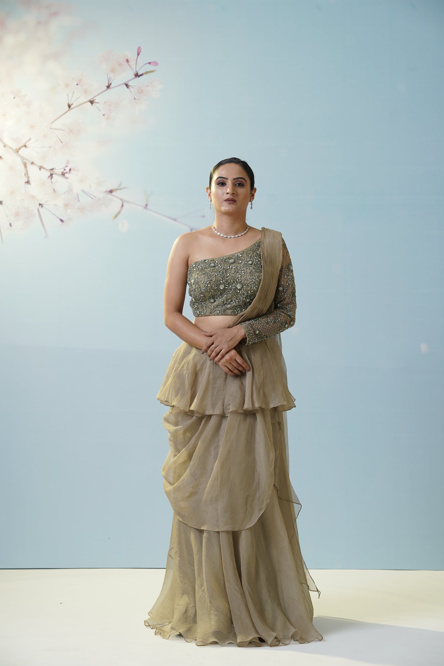 Sage Green Draped Saree With Blouse