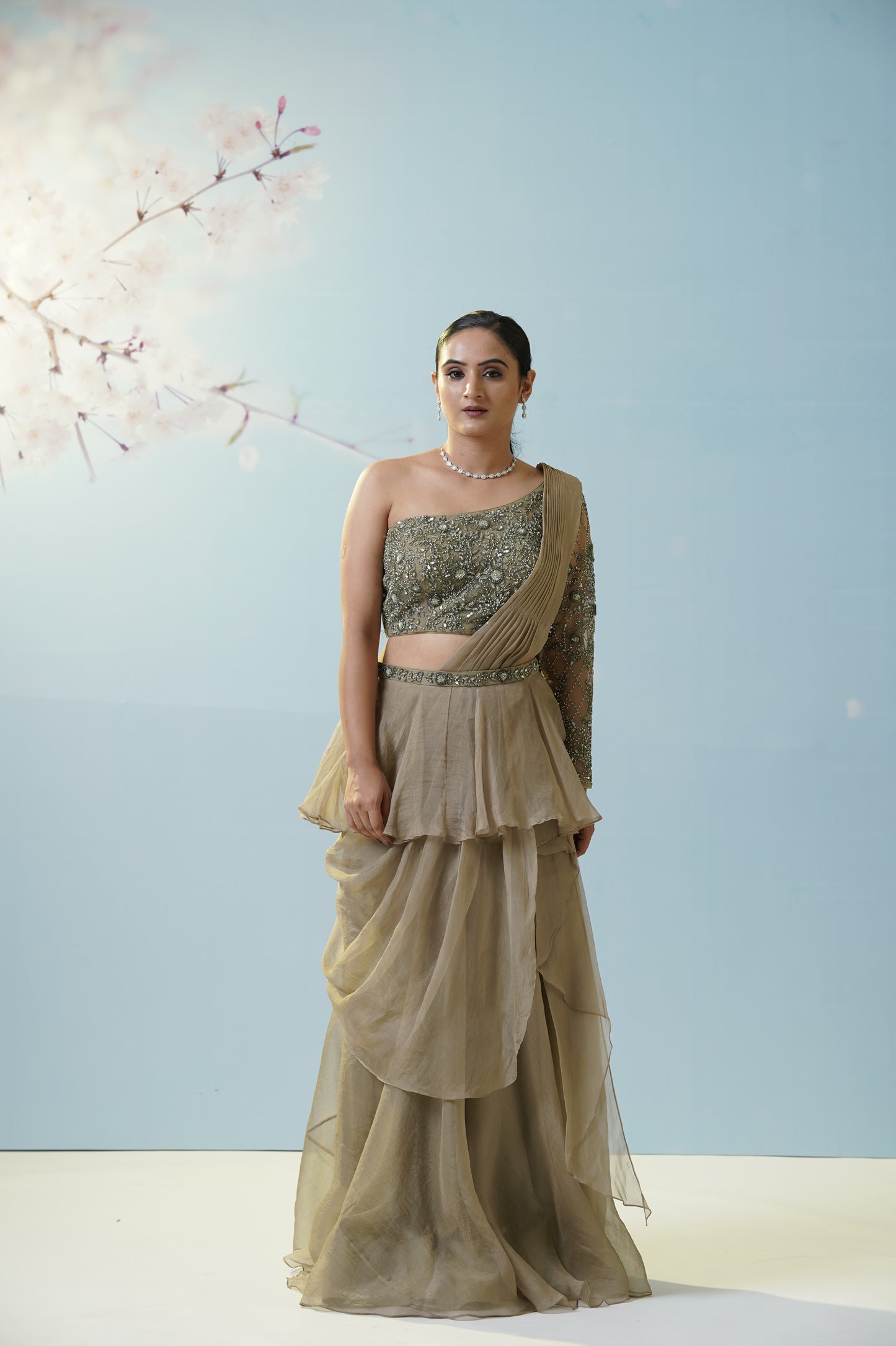 Sage Green Draped Saree With Blouse