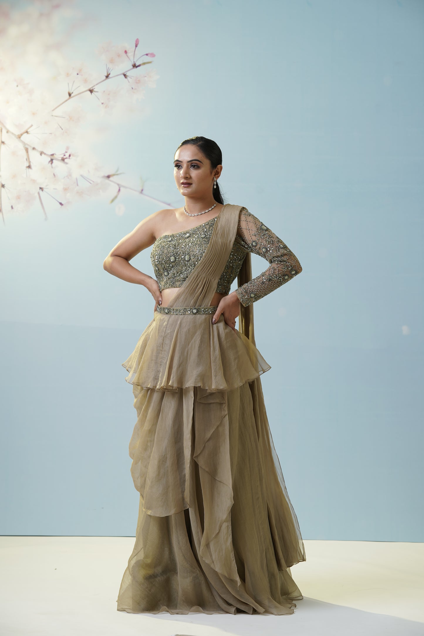 Sage Green Draped Saree With Blouse