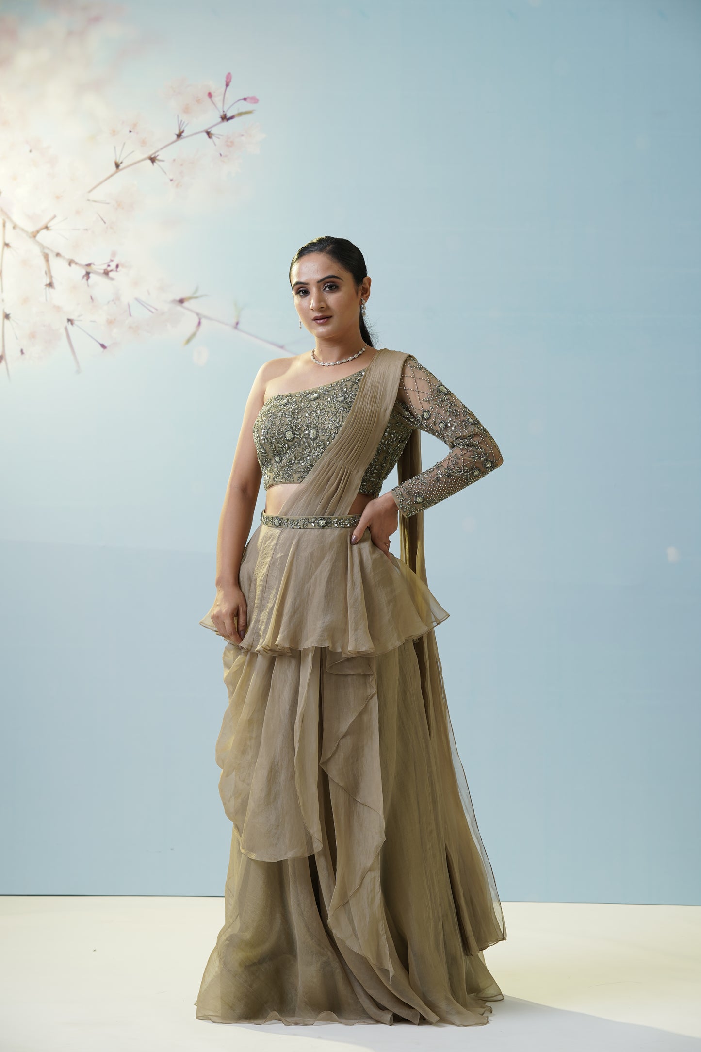 Sage Green Draped Saree With Blouse