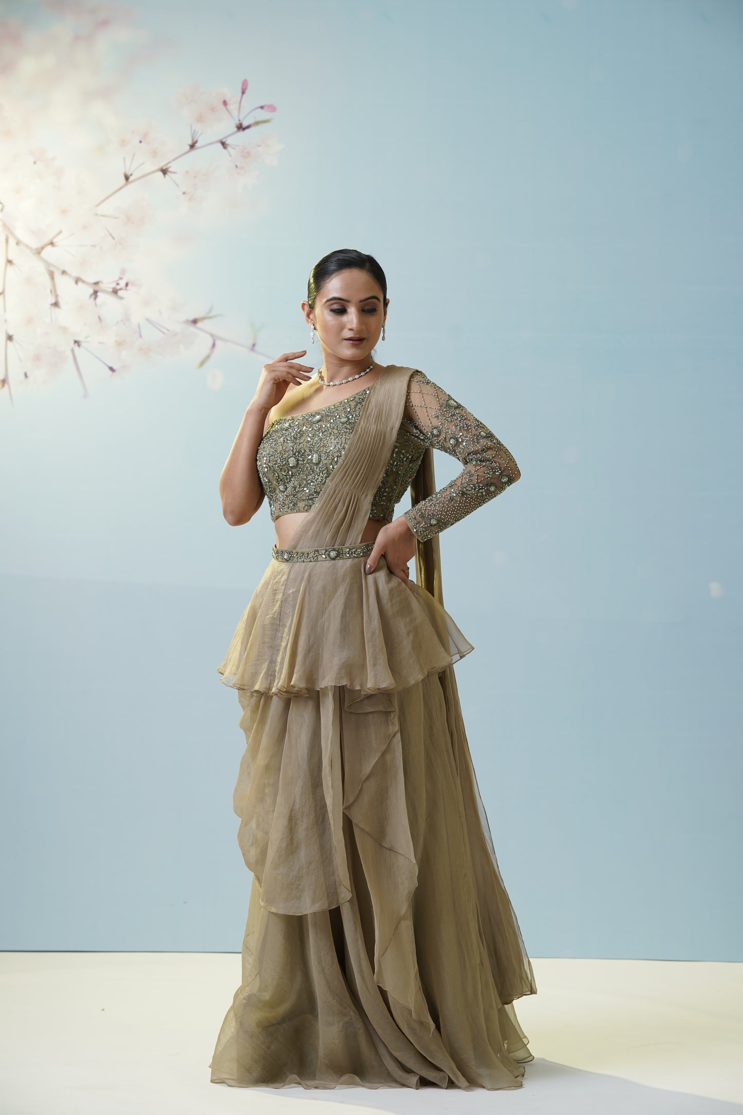 Sage Green Draped Saree With Blouse