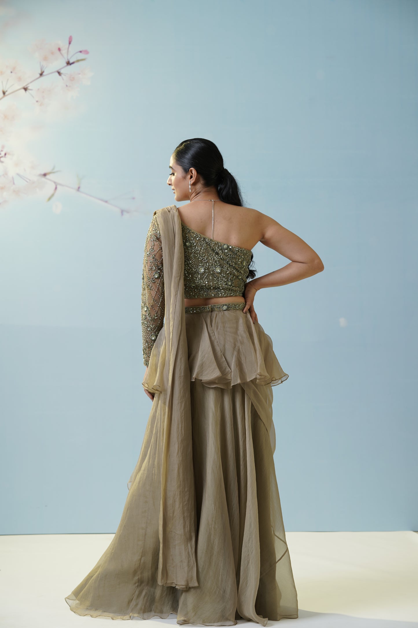 Sage Green Draped Saree With Blouse