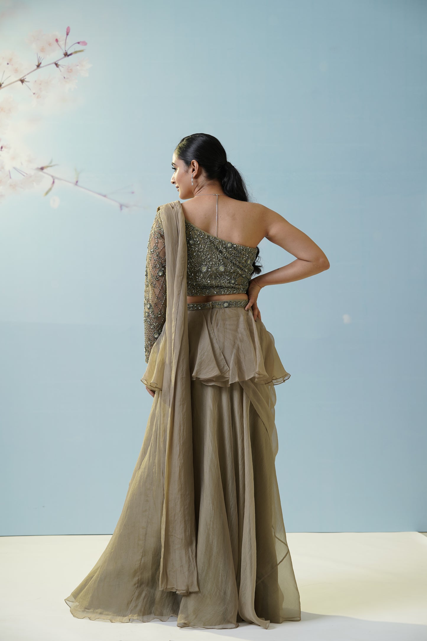 Sage Green Draped Saree With Blouse