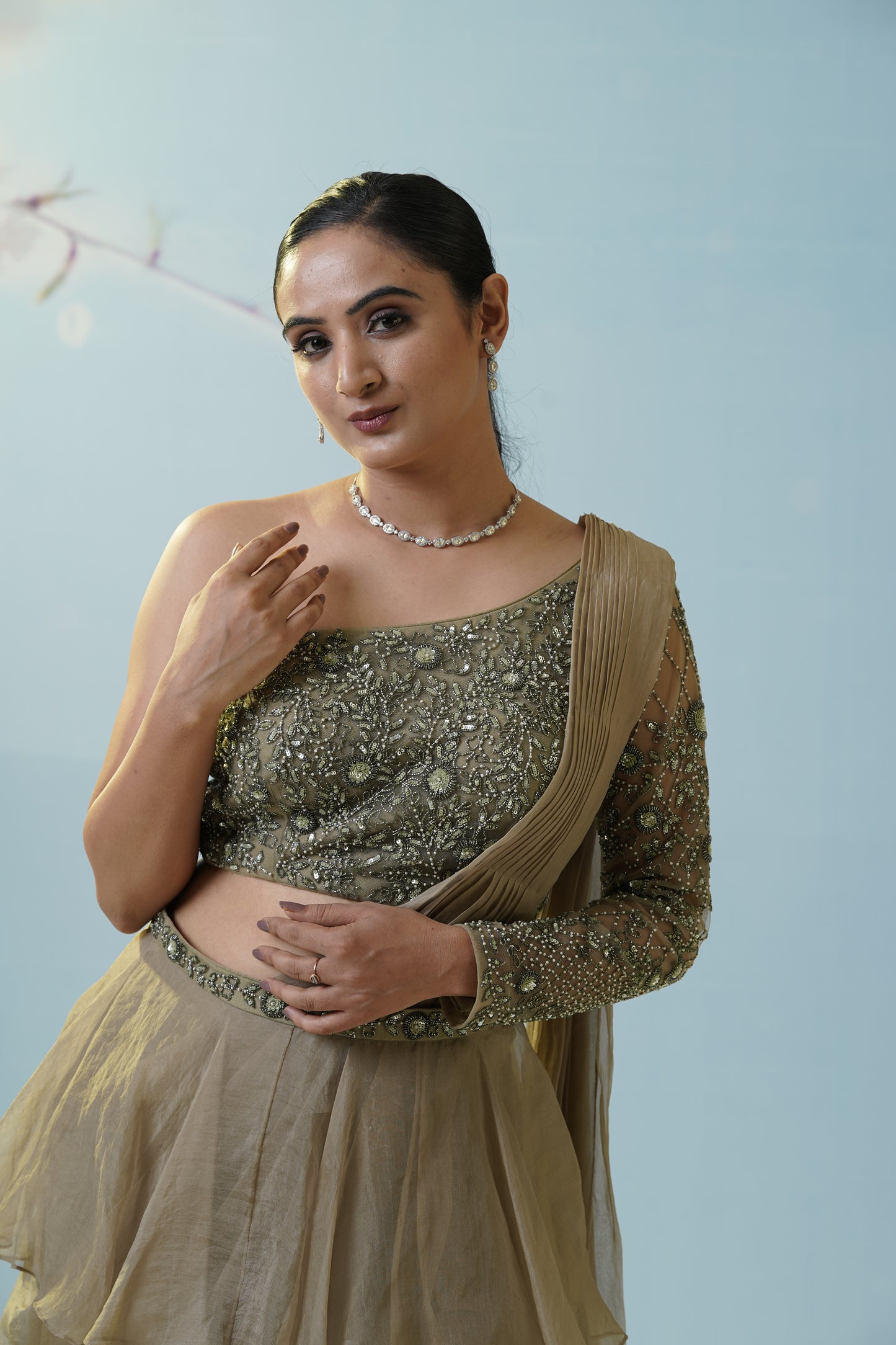 Sage Green Draped Saree With Blouse