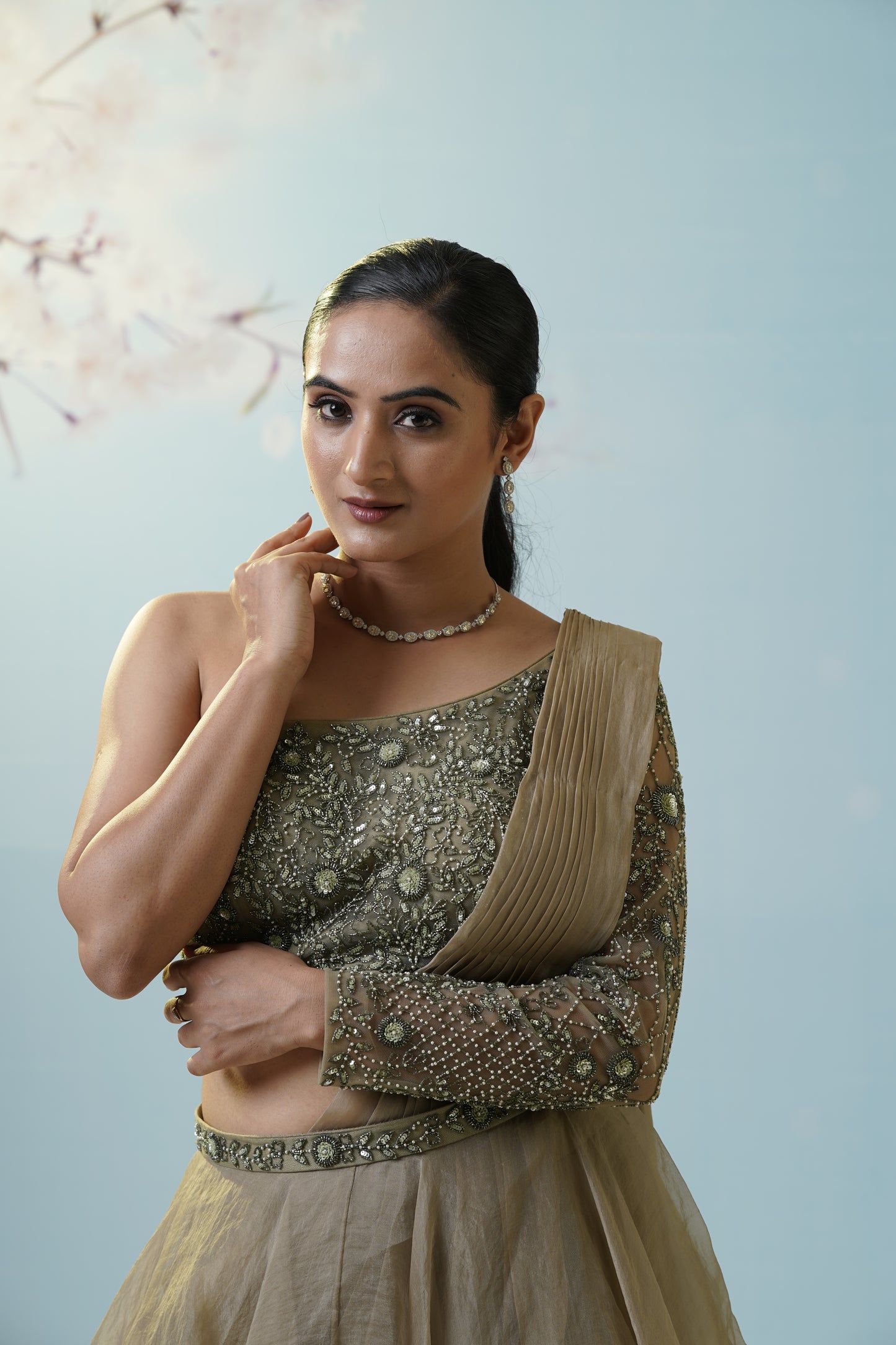 Sage Green Draped Saree With Blouse