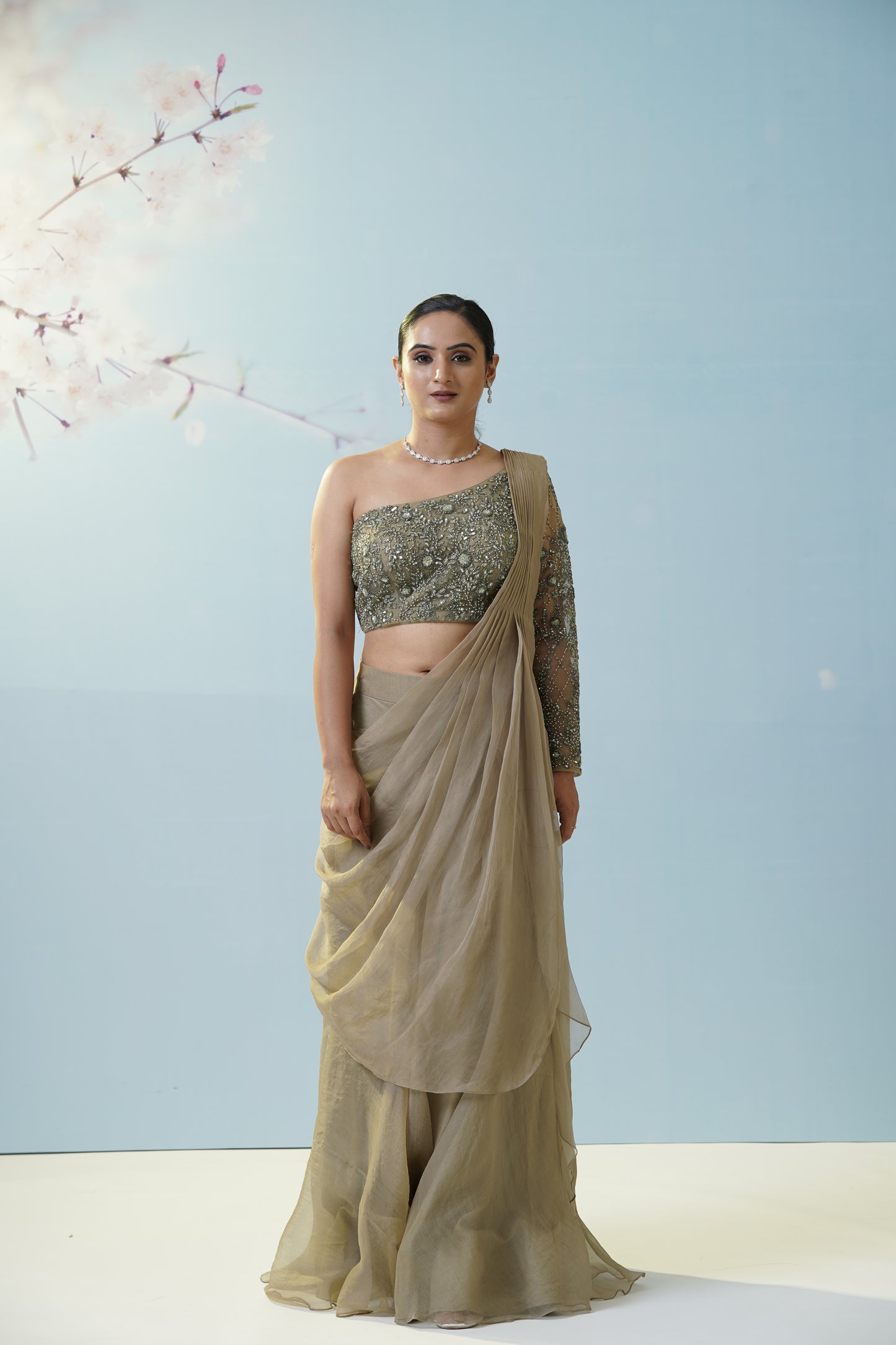 Sage Green Draped Saree With Blouse