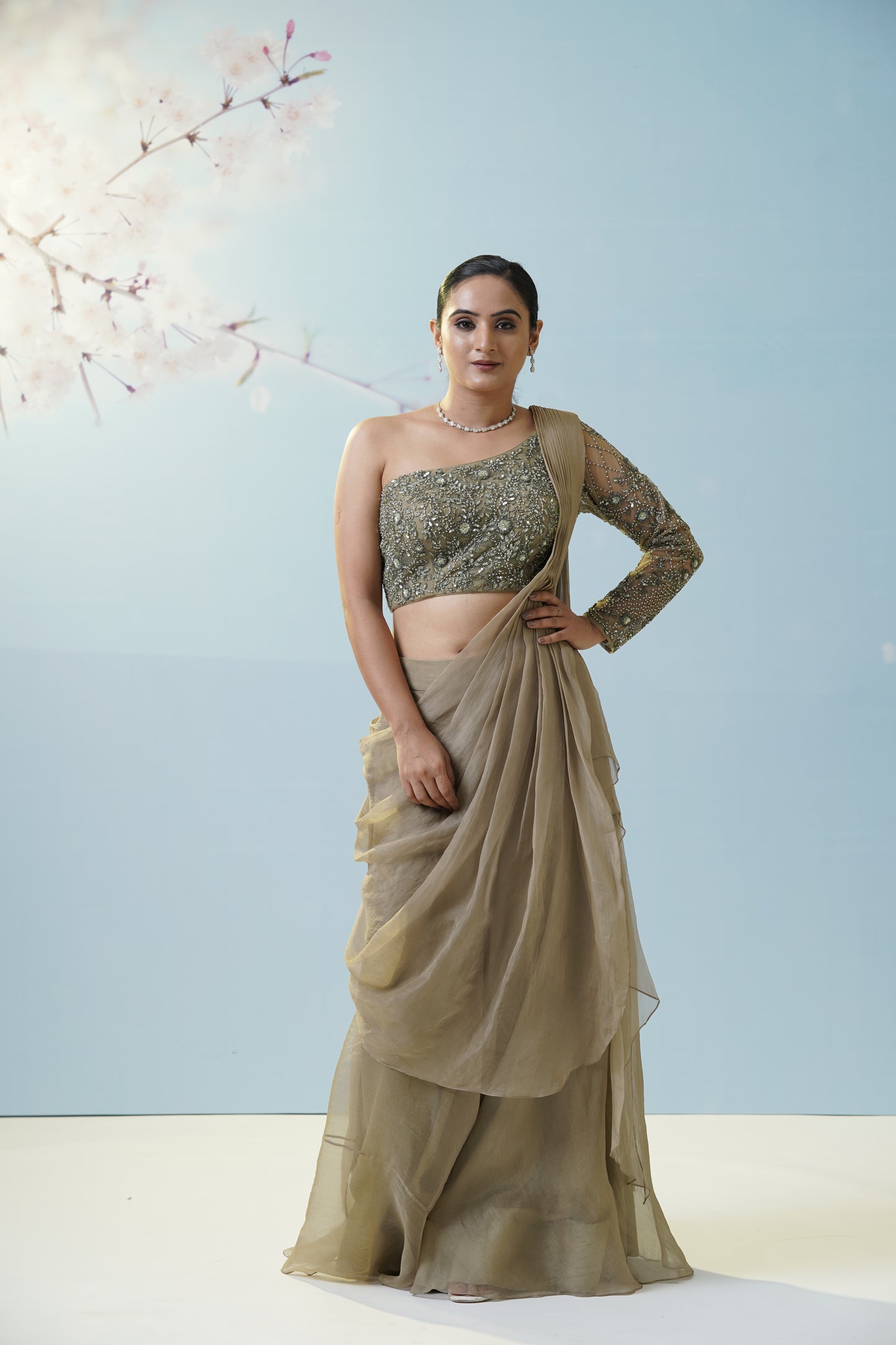 Sage Green Draped Saree With Blouse