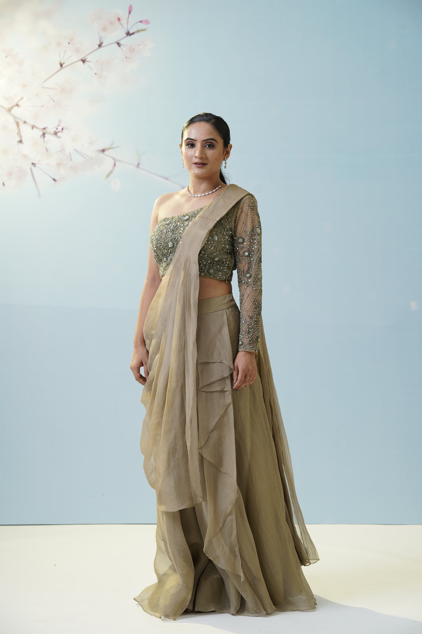 Sage Green Draped Saree With Blouse