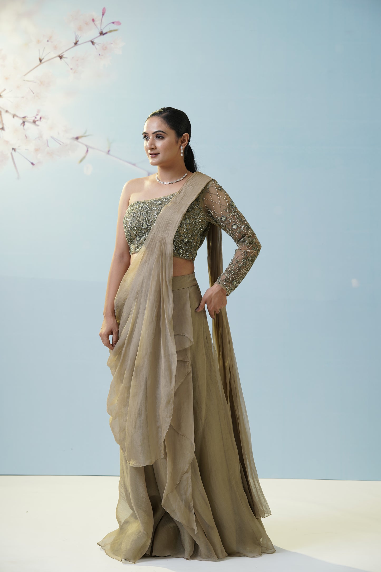 Sage Green Draped Saree With Blouse