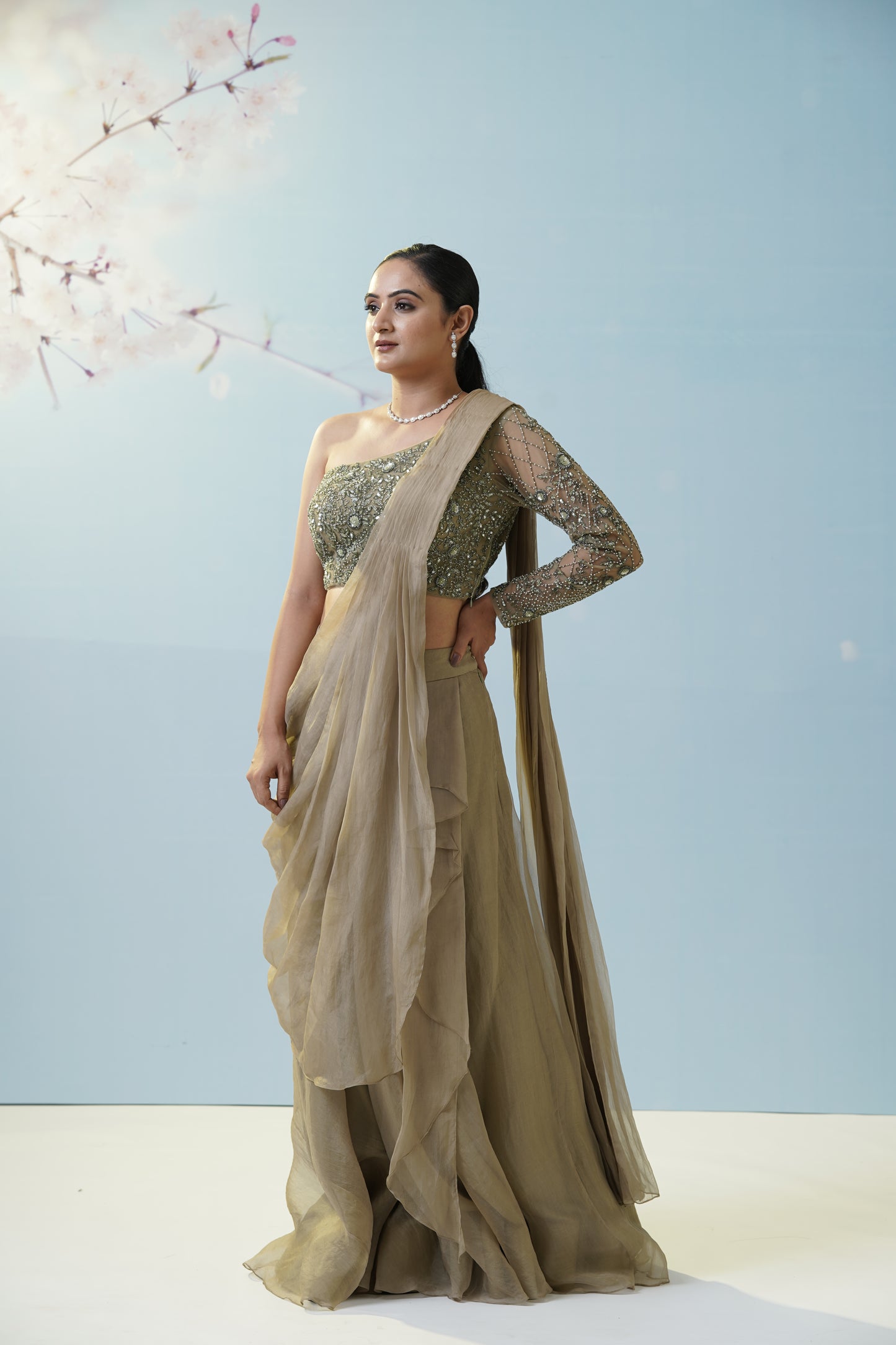 Sage Green Draped Saree With Blouse
