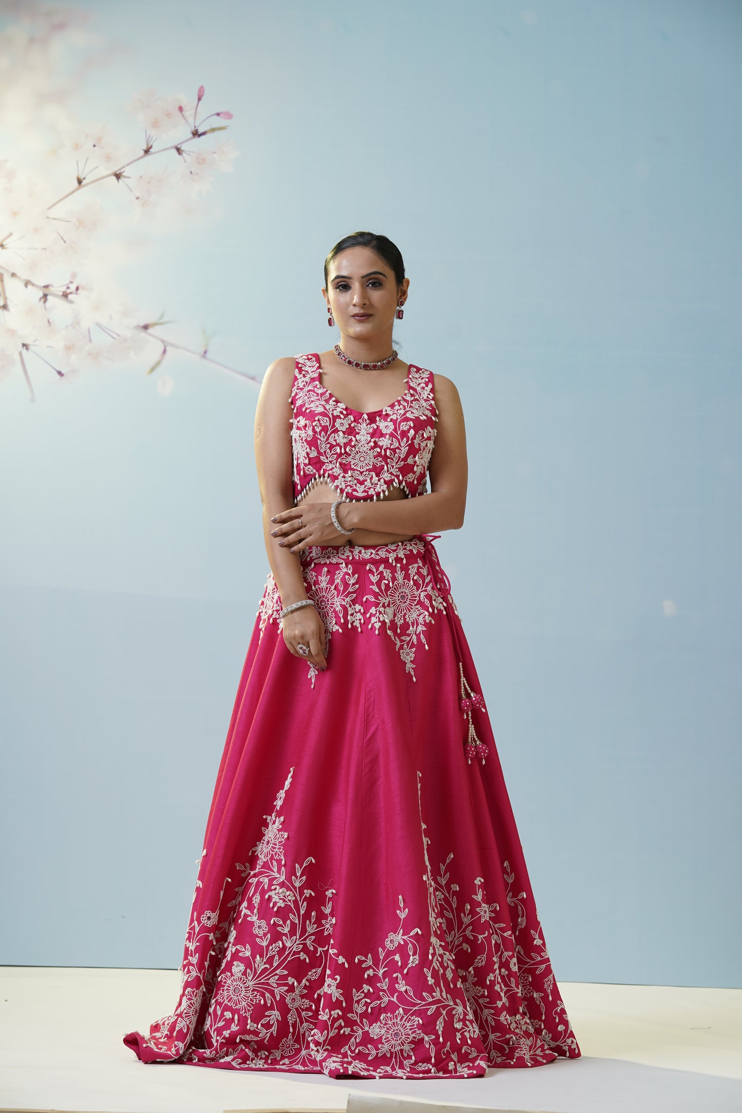 Red Ruched Saree With Embroidered Blouse