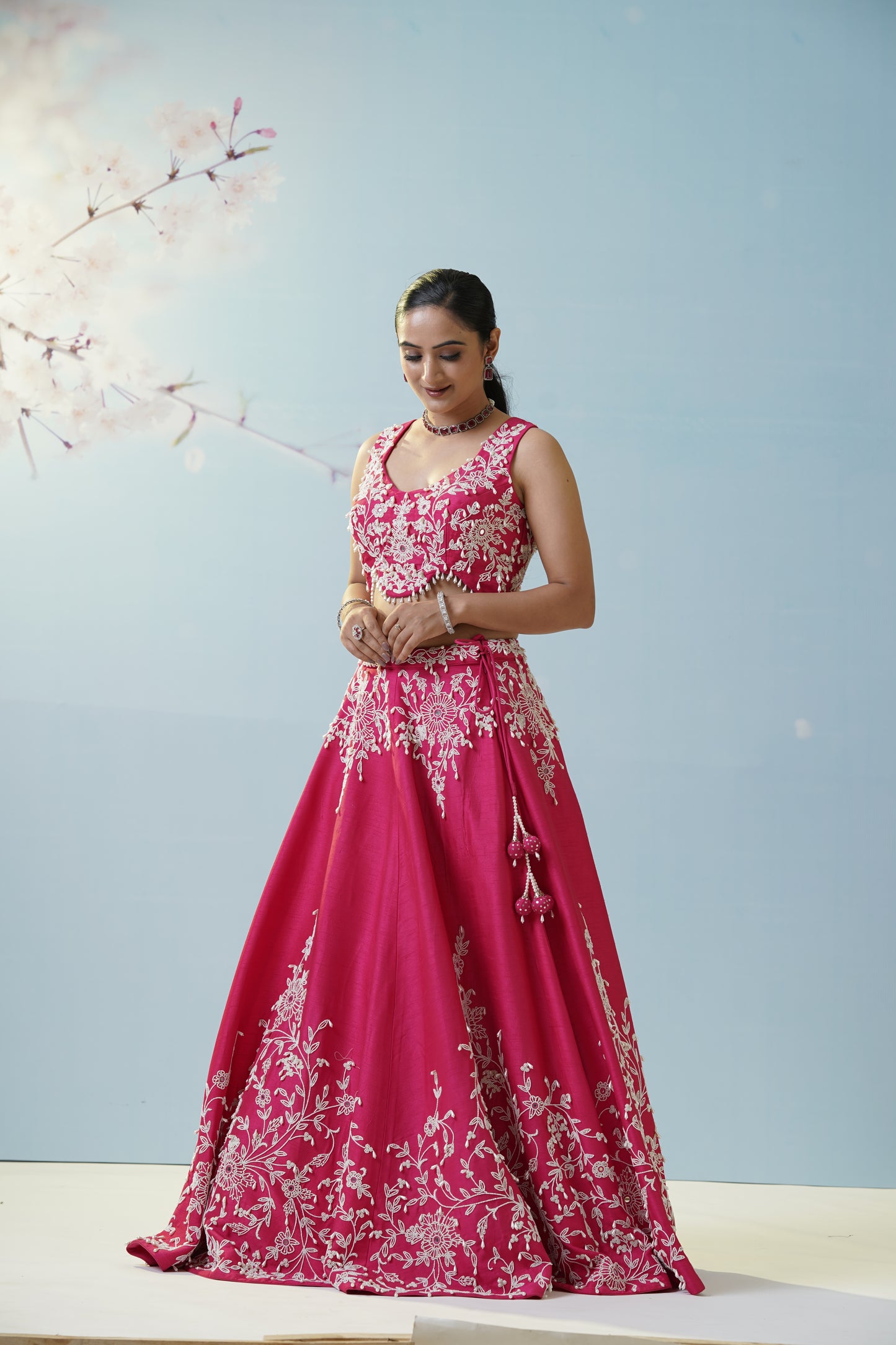 Red Ruched Saree With Embroidered Blouse