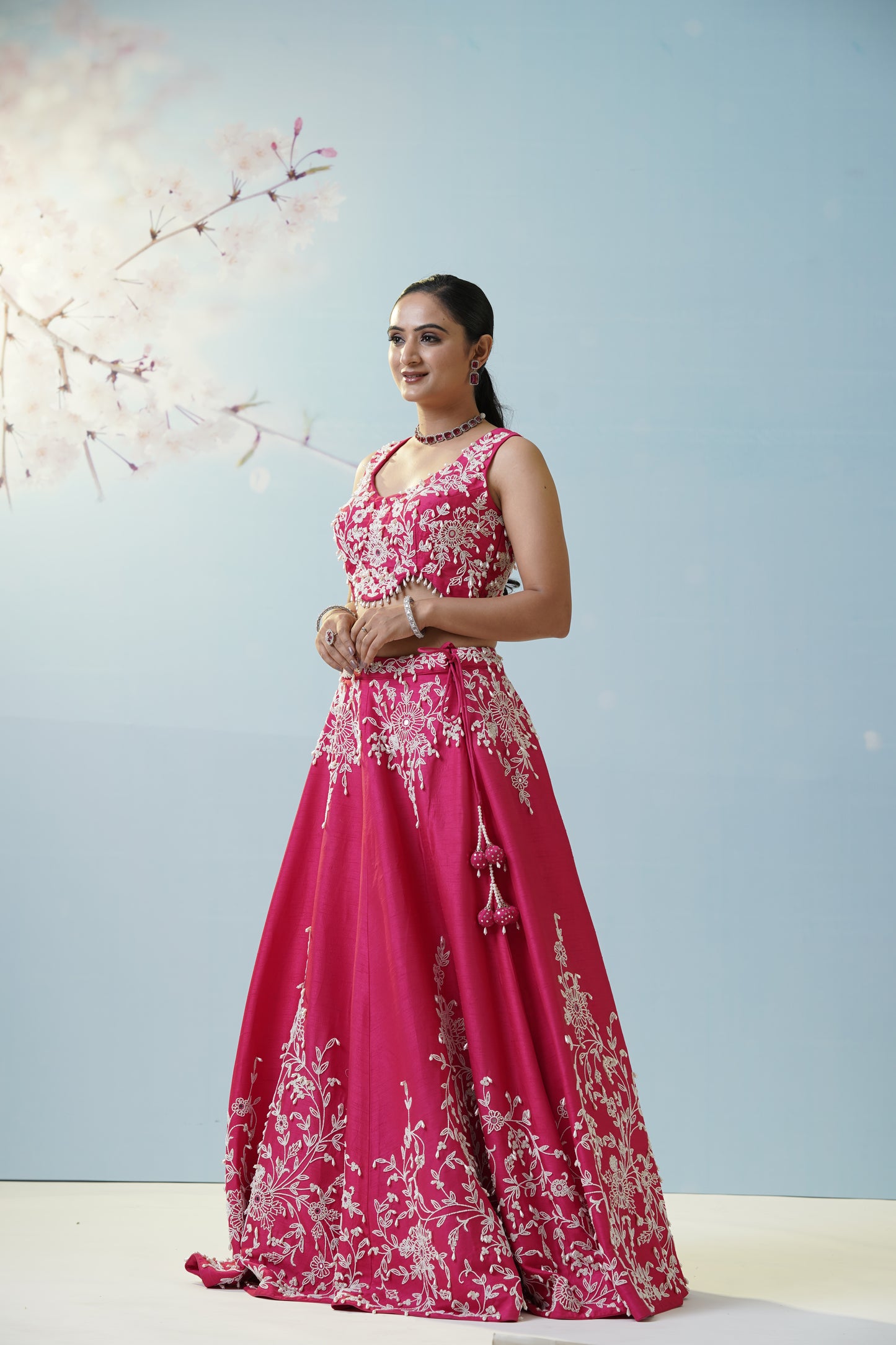 Red Ruched Saree With Embroidered Blouse