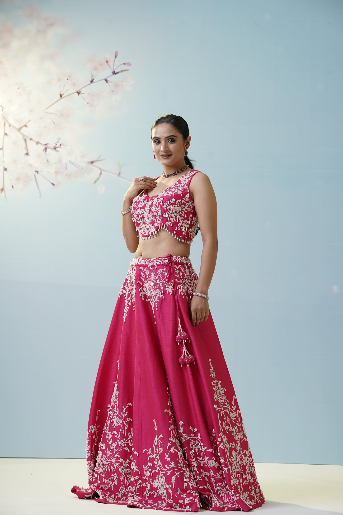 Red Ruched Saree With Embroidered Blouse