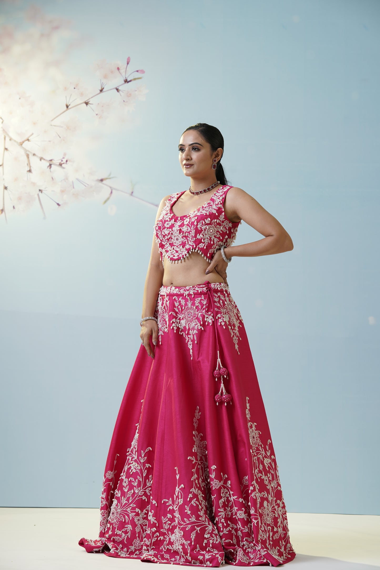 Red Ruched Saree With Embroidered Blouse