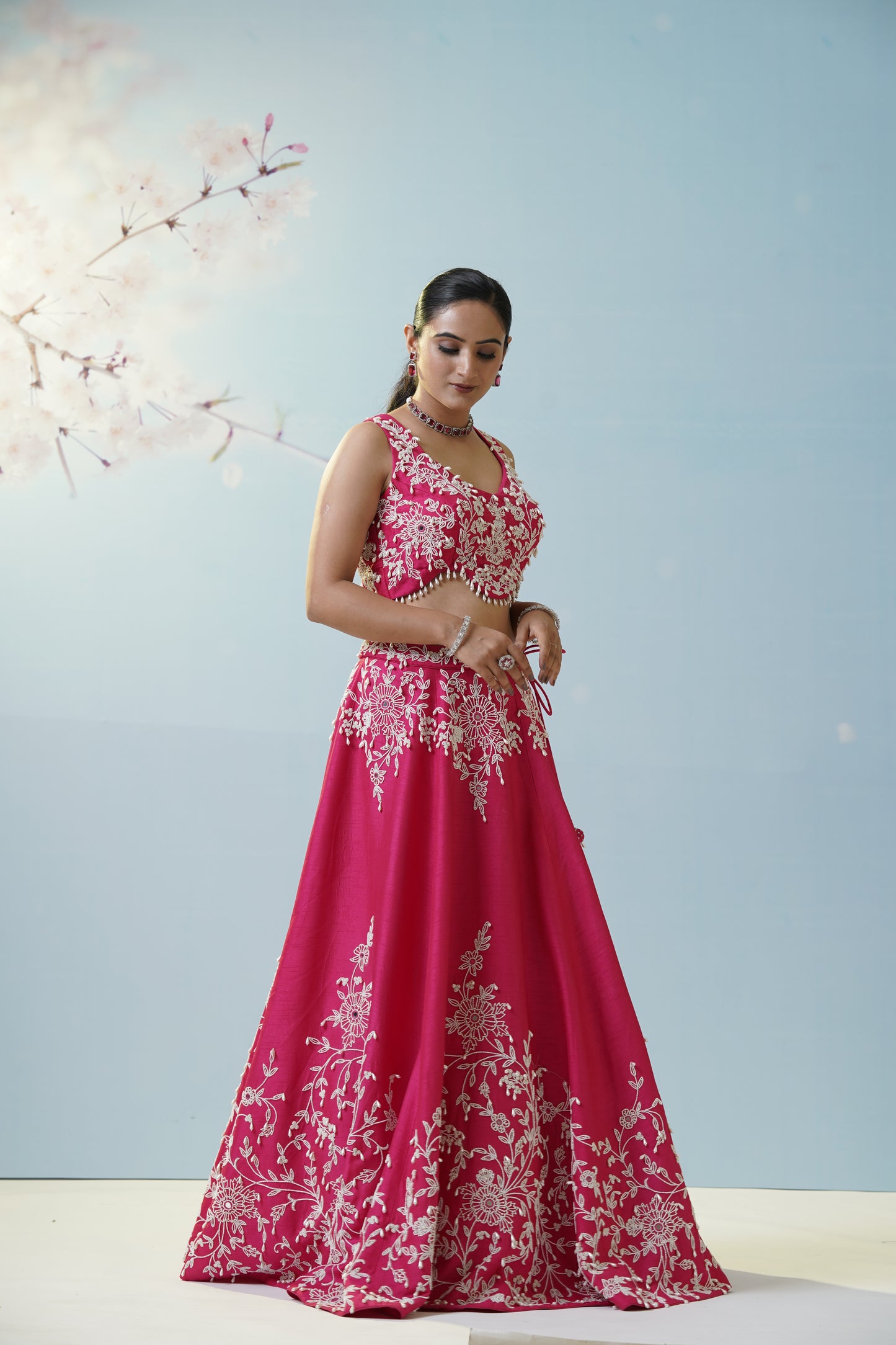 Red Ruched Saree With Embroidered Blouse