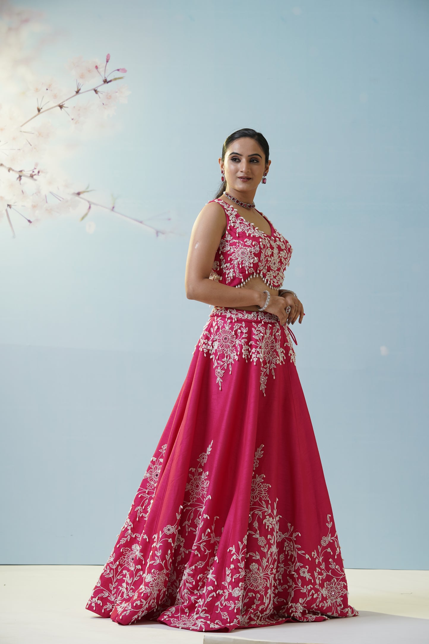 Red Ruched Saree With Embroidered Blouse