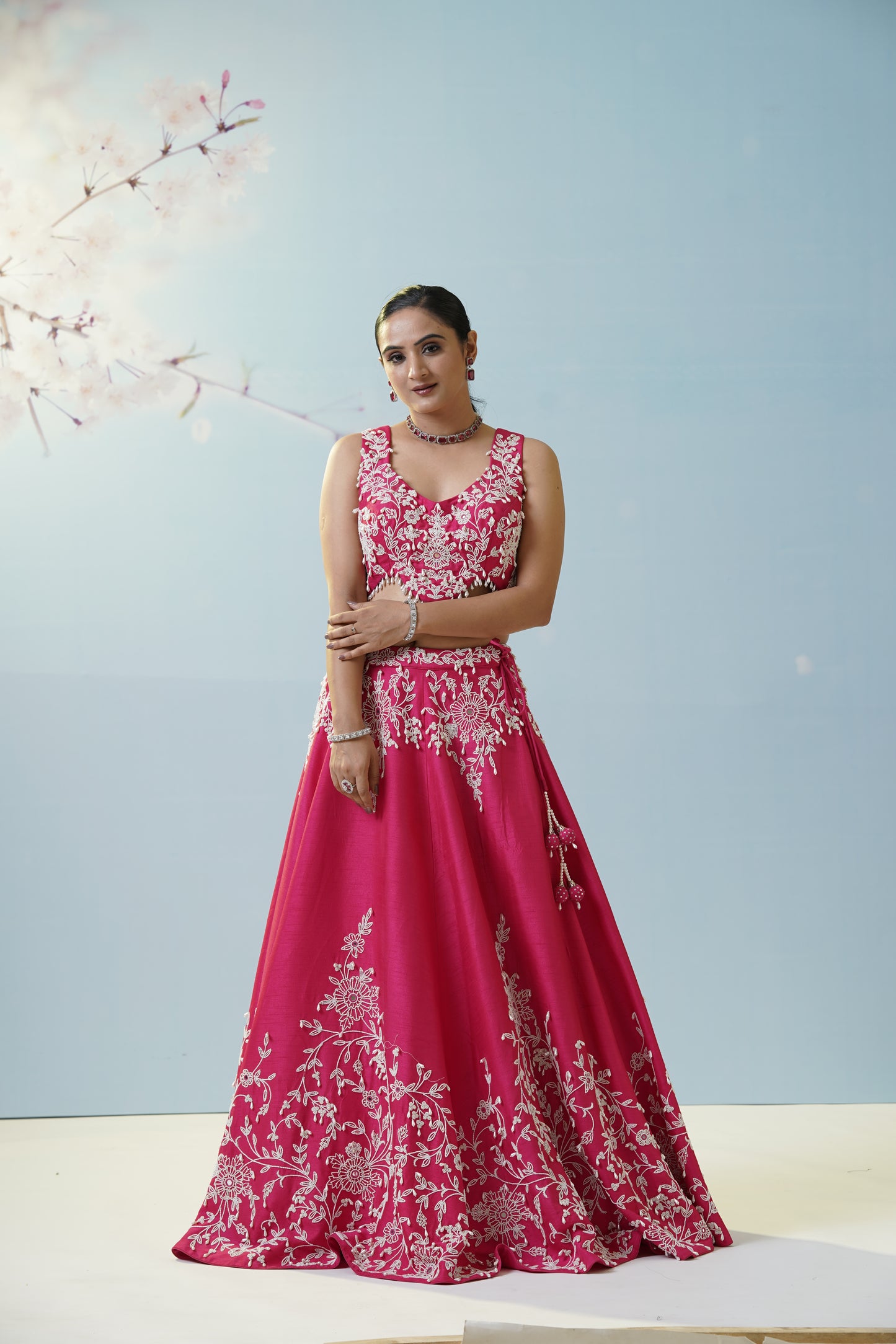 Red Ruched Saree With Embroidered Blouse