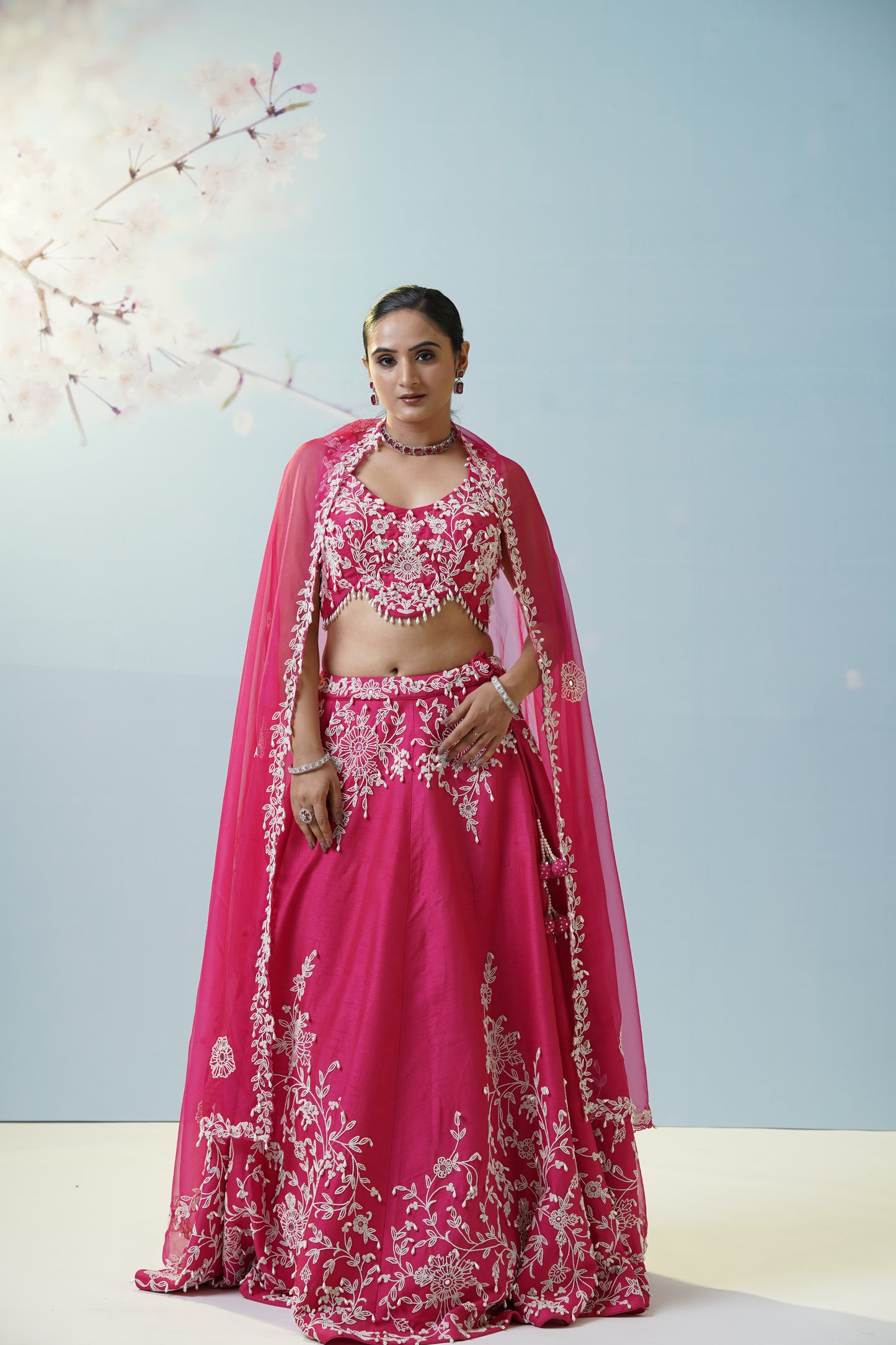 Red Ruched Saree With Embroidered Blouse