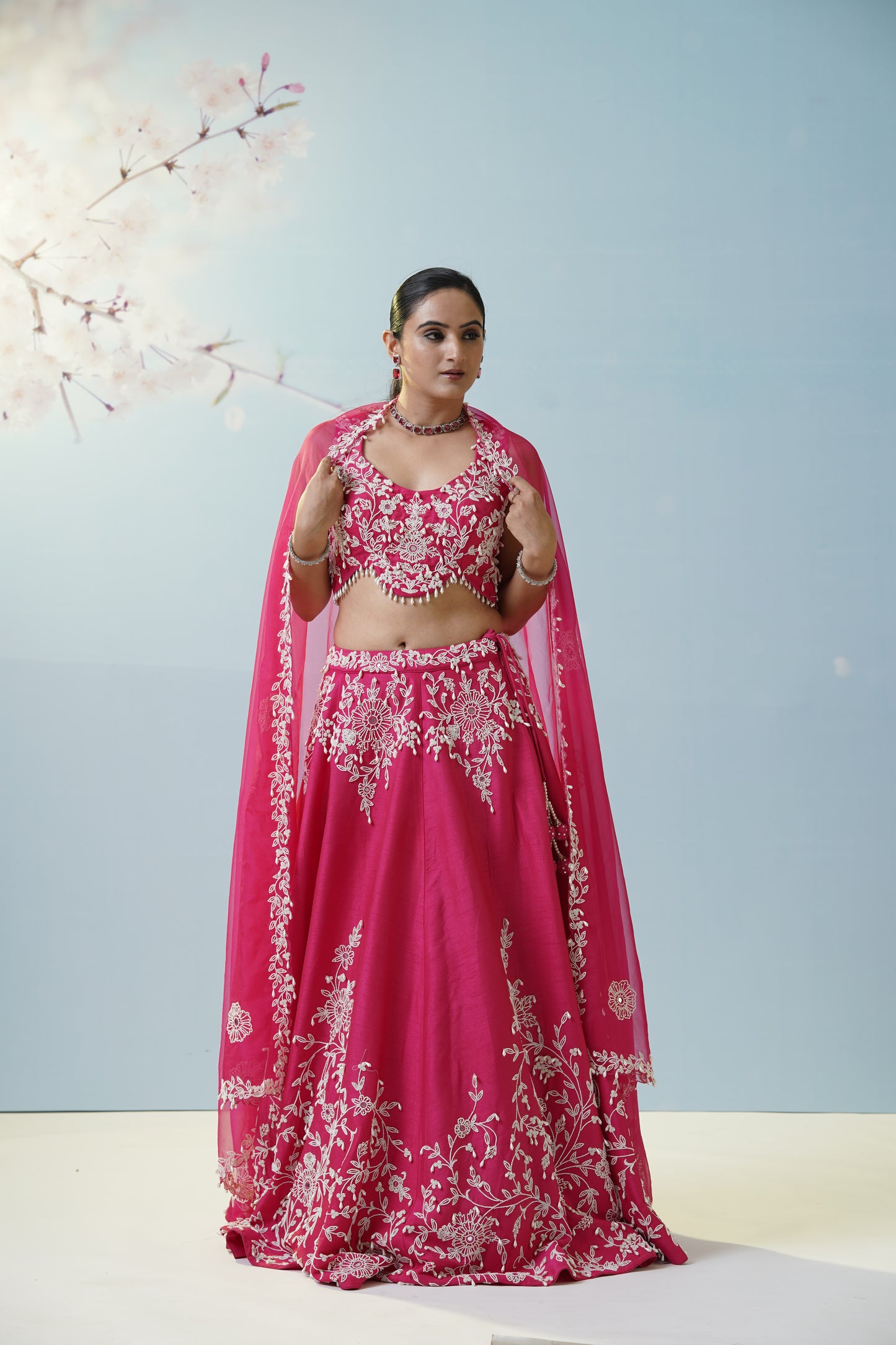 Red Ruched Saree With Embroidered Blouse