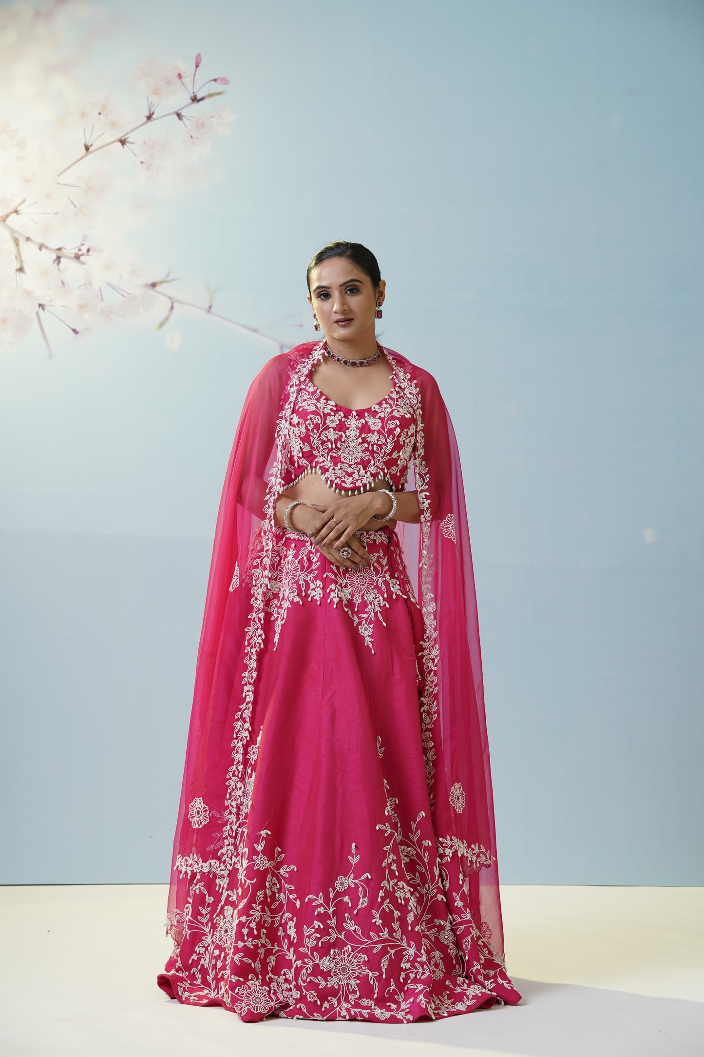 Red Ruched Saree With Embroidered Blouse