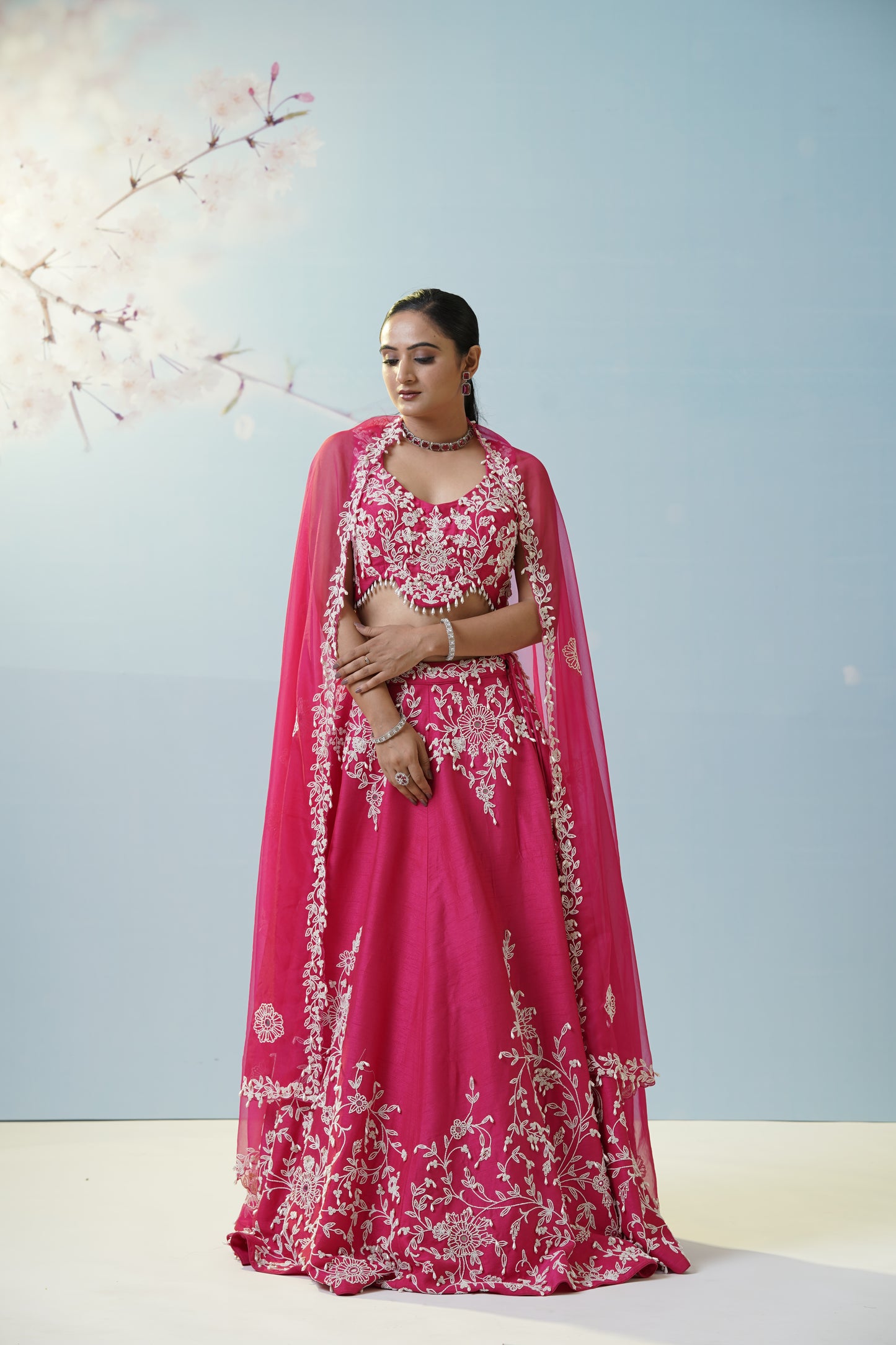 Red Ruched Saree With Embroidered Blouse