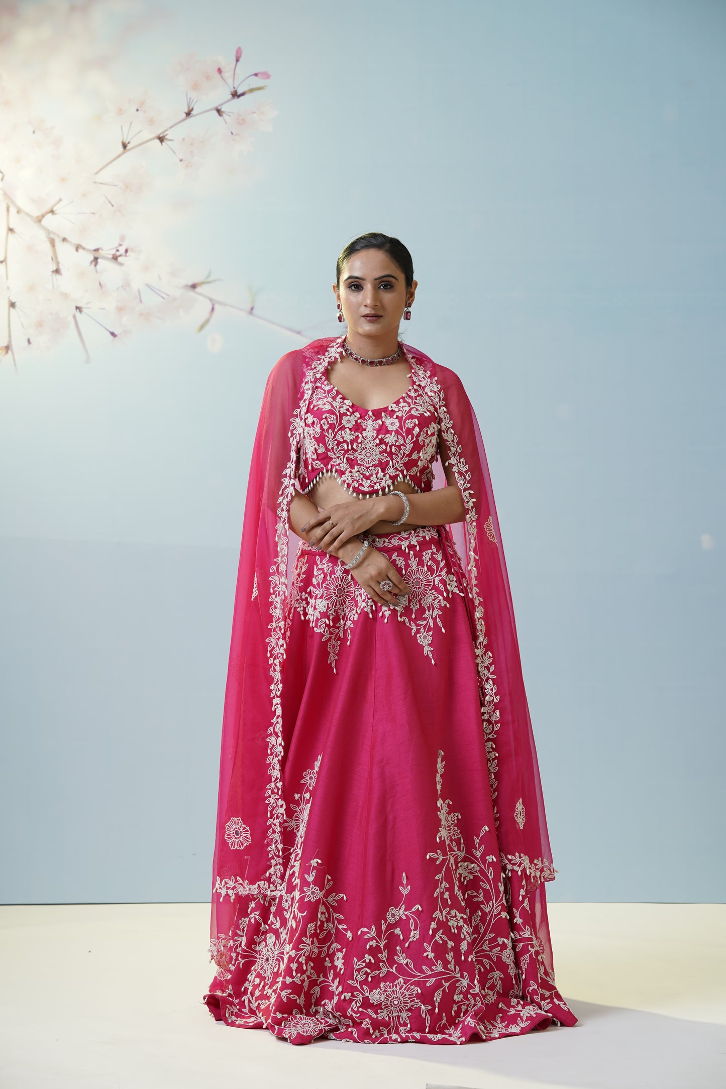 Red Ruched Saree With Embroidered Blouse