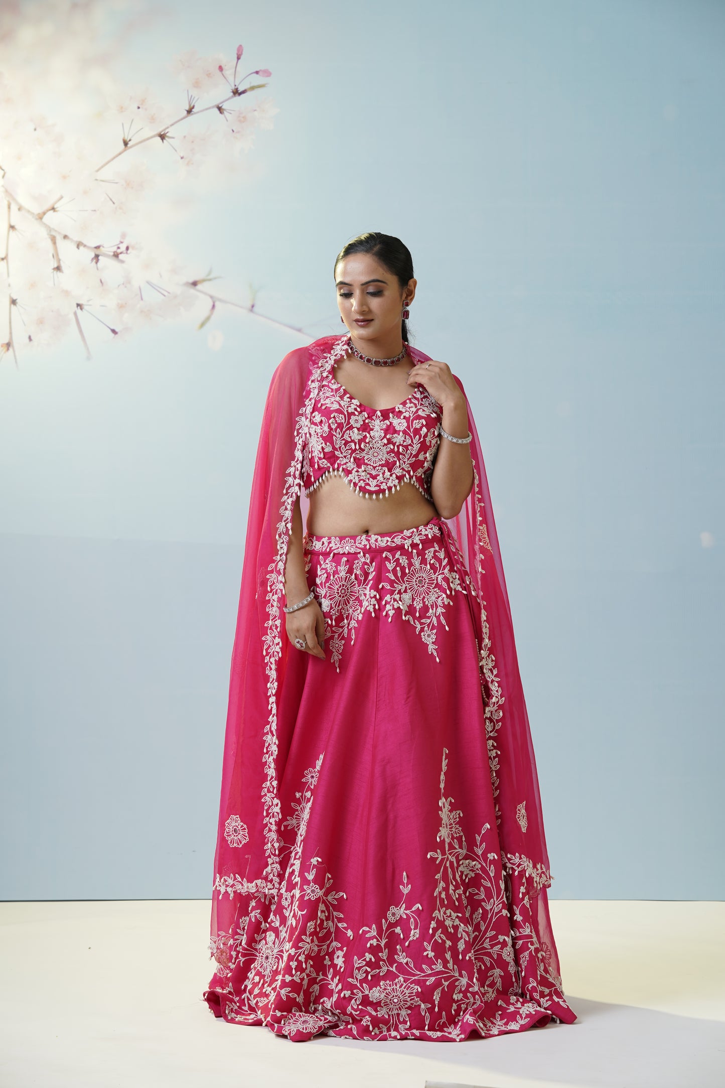 Red Ruched Saree With Embroidered Blouse