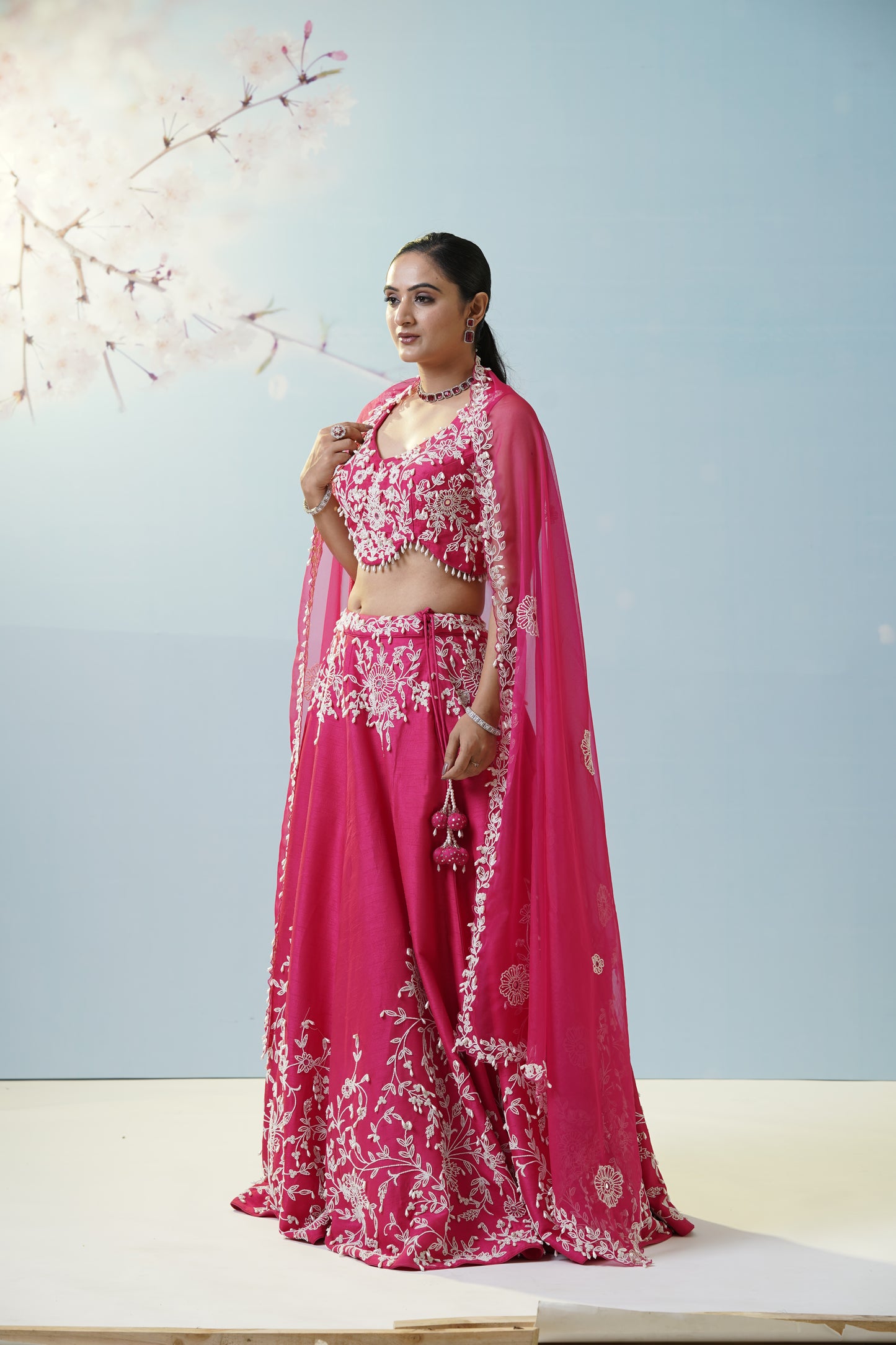 Red Ruched Saree With Embroidered Blouse