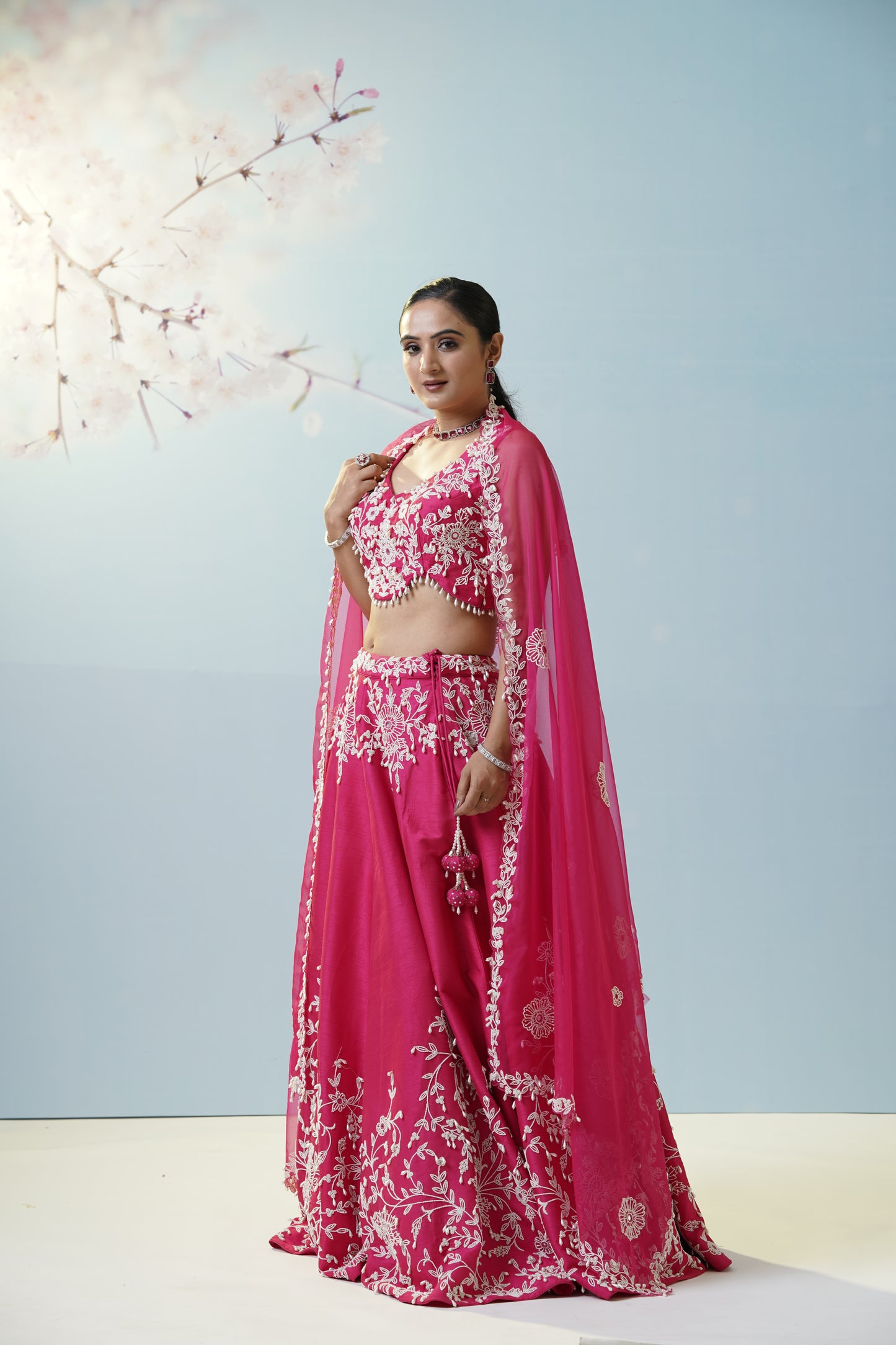 Red Ruched Saree With Embroidered Blouse