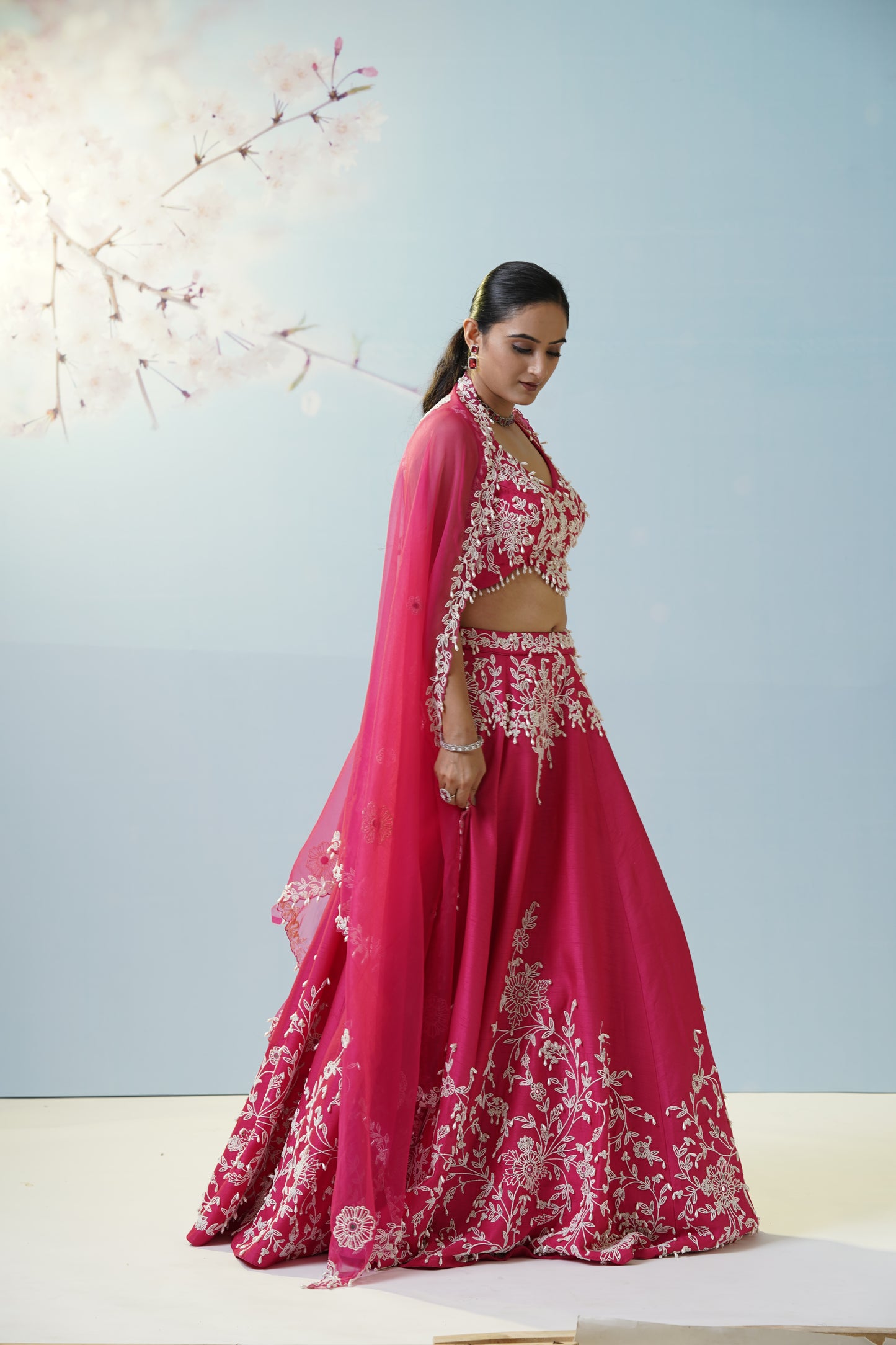 Red Ruched Saree With Embroidered Blouse