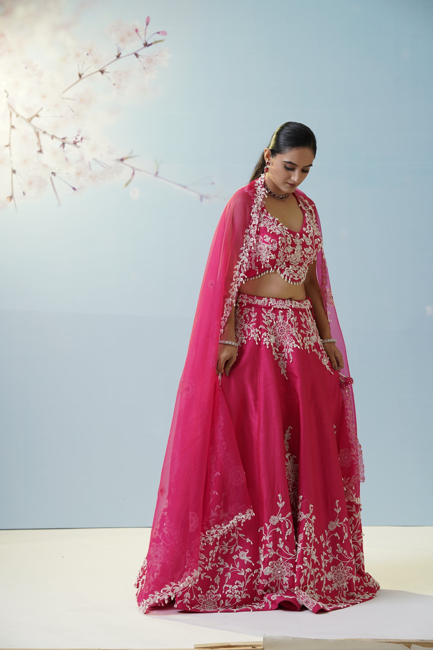 Red Ruched Saree With Embroidered Blouse