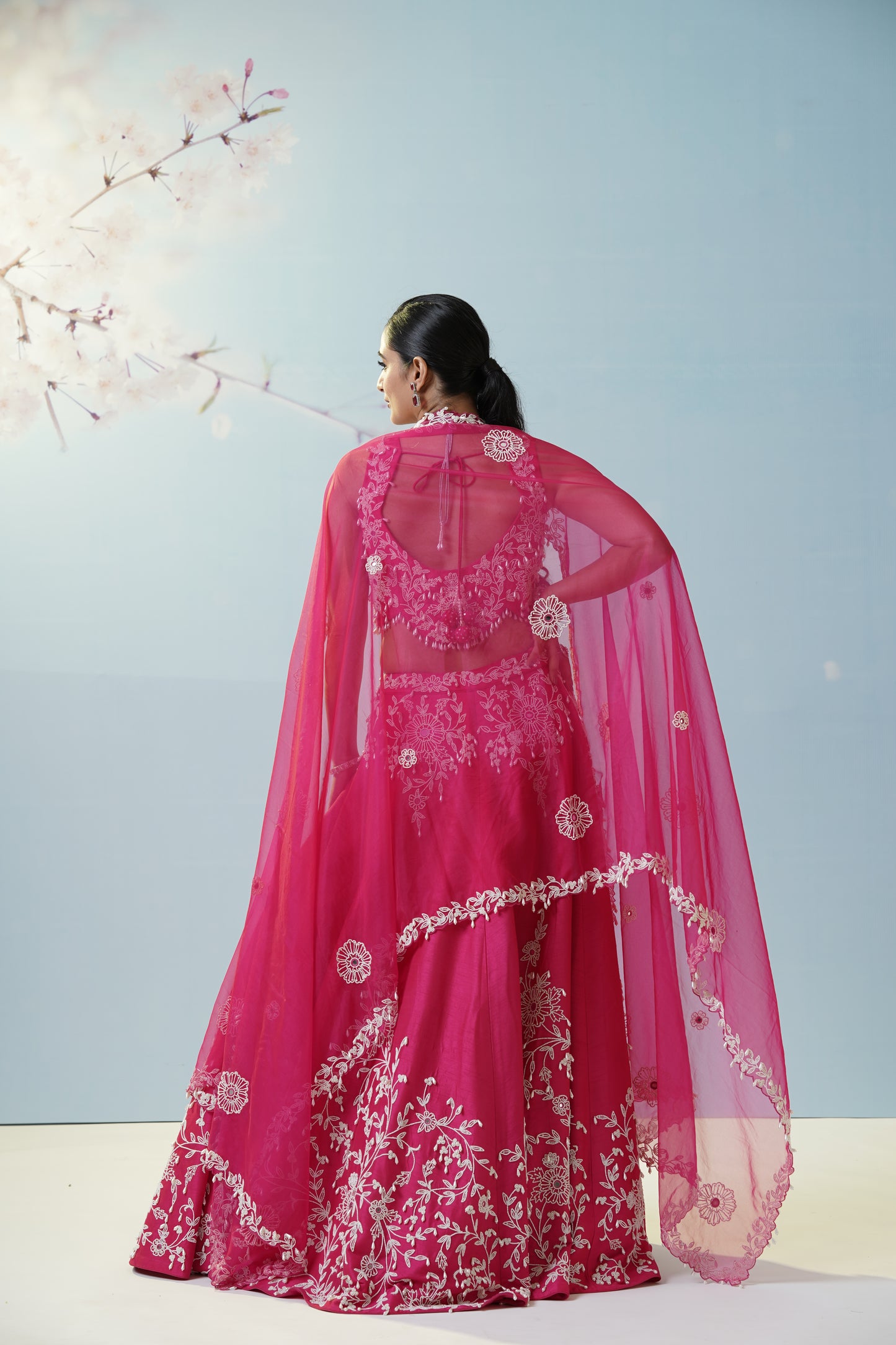 Red Ruched Saree With Embroidered Blouse