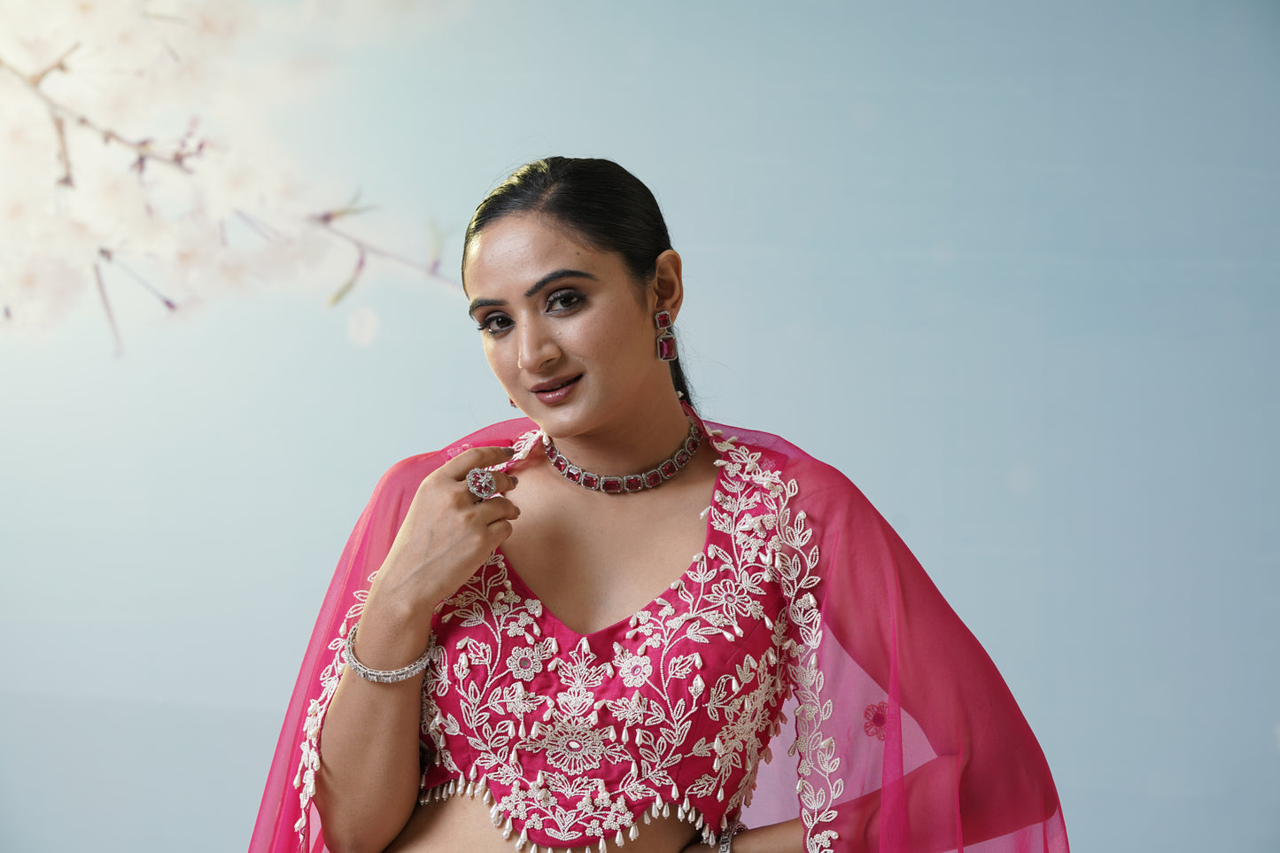 Red Ruched Saree With Embroidered Blouse