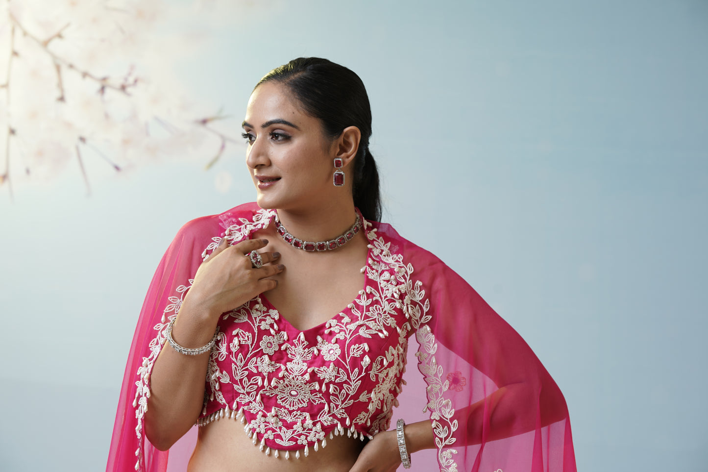 Red Ruched Saree With Embroidered Blouse