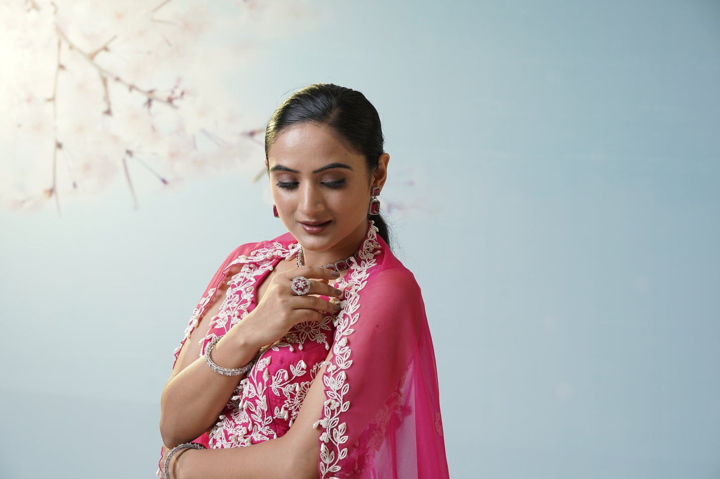 Red Ruched Saree With Embroidered Blouse
