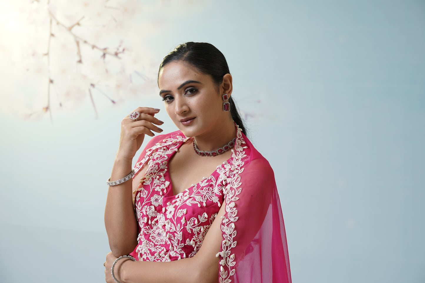 Red Ruched Saree With Embroidered Blouse
