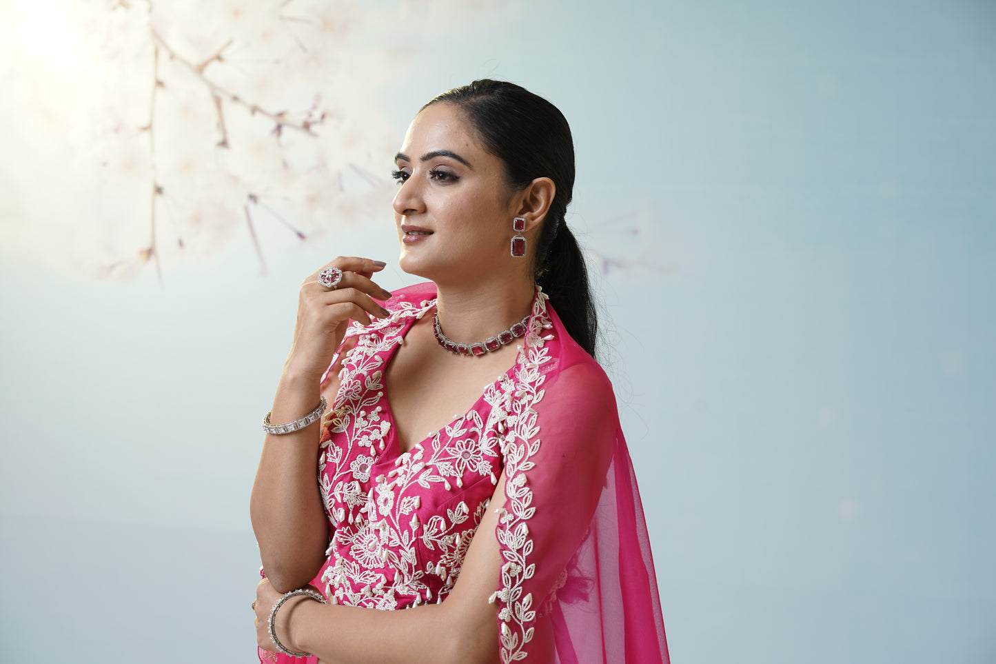 Red Ruched Saree With Embroidered Blouse