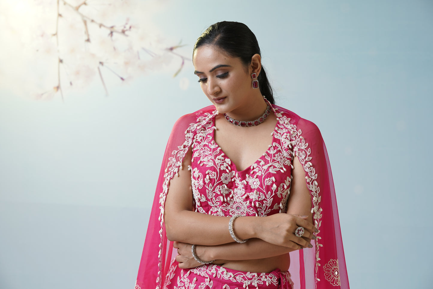 Red Ruched Saree With Embroidered Blouse
