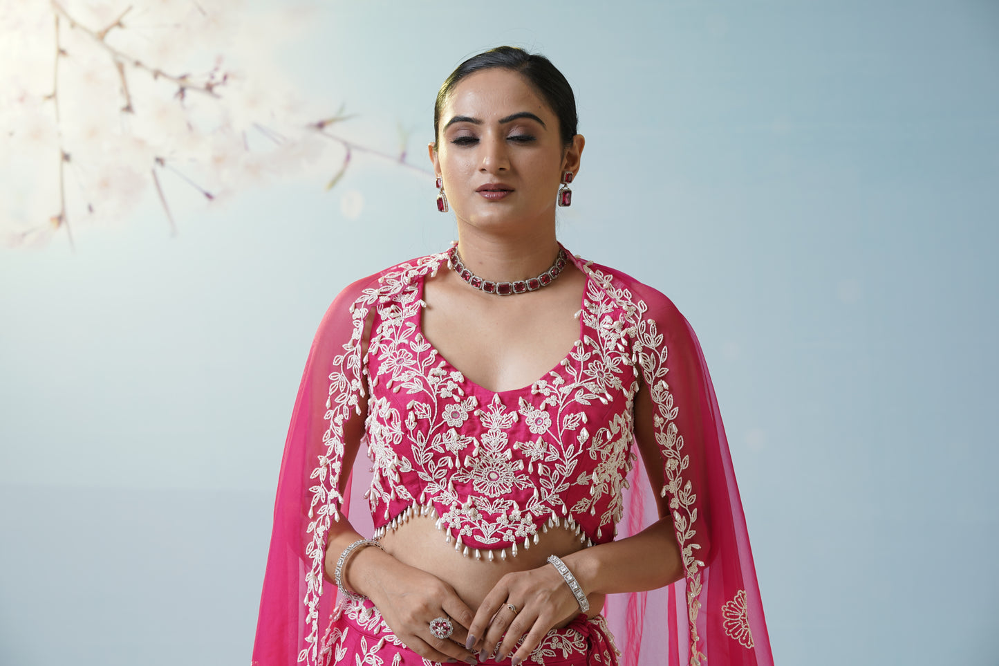 Red Ruched Saree With Embroidered Blouse