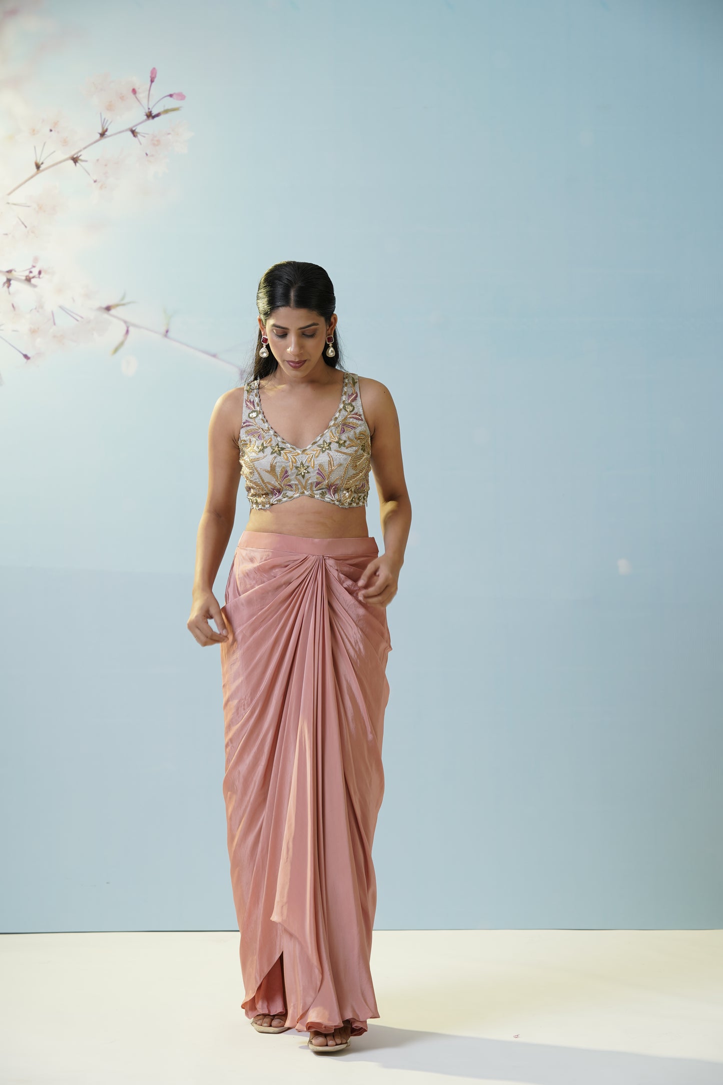 Blush Pink Skirt With Embroidered Blouse