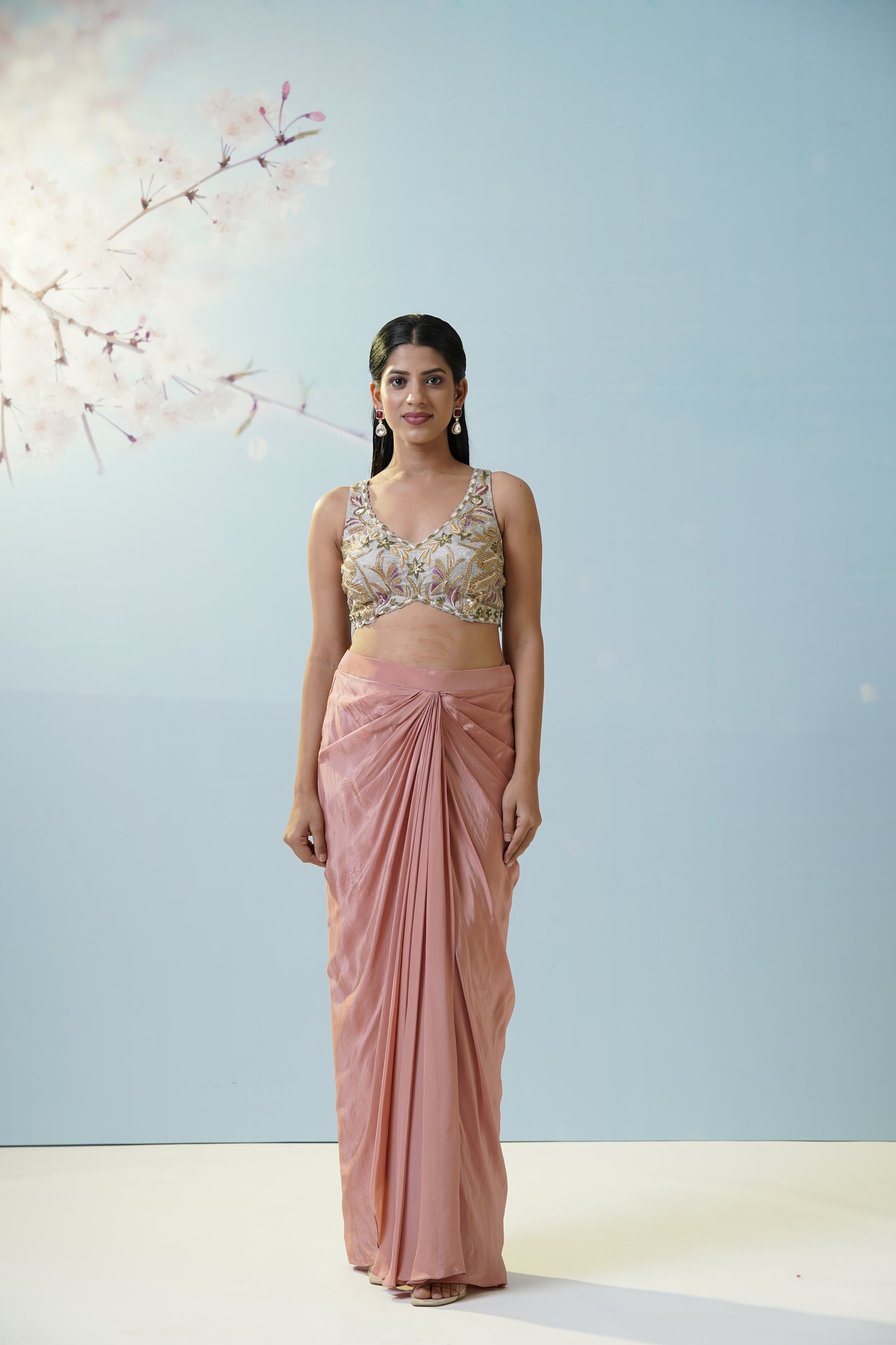 Blush Pink Skirt With Embroidered Blouse